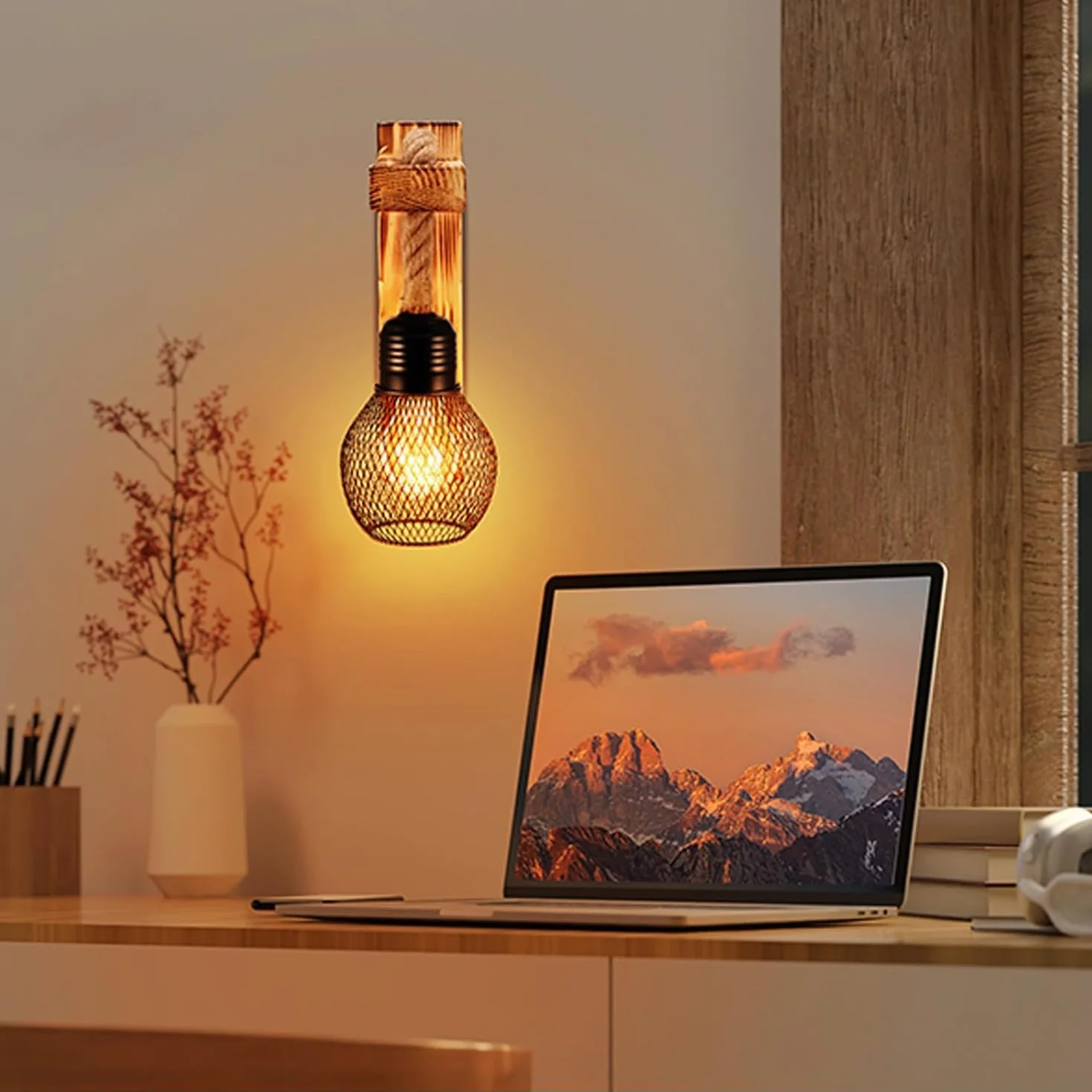 Drewniana lampa ścienna do wnętrz, E27 LED lina konopna, lampa ścienna z kloszem, industrialna lampa ścienna w stylu vintage, lampa ścienna do wnętrz, w stylu retro, do korytarza, sypialni