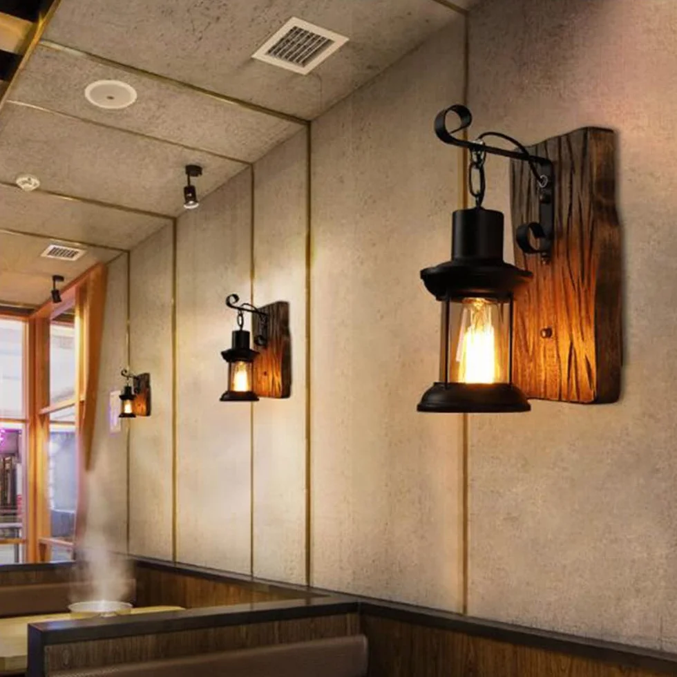 Rustykalny Lampa ścienna Drewniany Kinkiet Retro Nostalgiczny Kinkiet Vintage żelazna Lampa Wisząca Loft Oświetlenie Dekoracyjne Oświetlenie Jadalni Kuchnia Restauracja Hotel Bar Kawiarnia Przedpokój