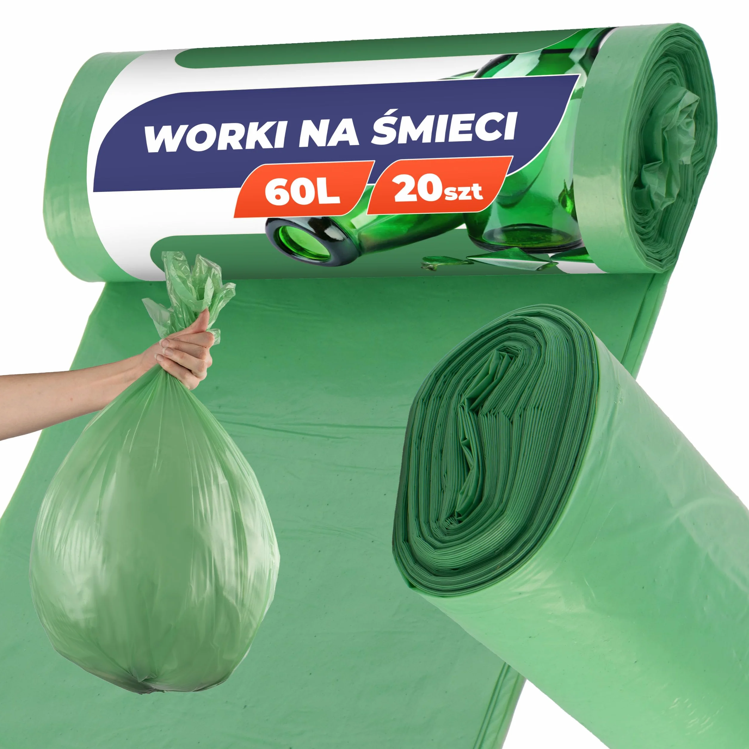 Worki do Segregacji Śmieci Zielone MOCNE 60L Rolka 20 szt Wytrzymałe Worki na Odpady Segregacyjne Materiał LDPE Worki w Rulonie do Pracy, Domu, Garażu Torby na Odpady