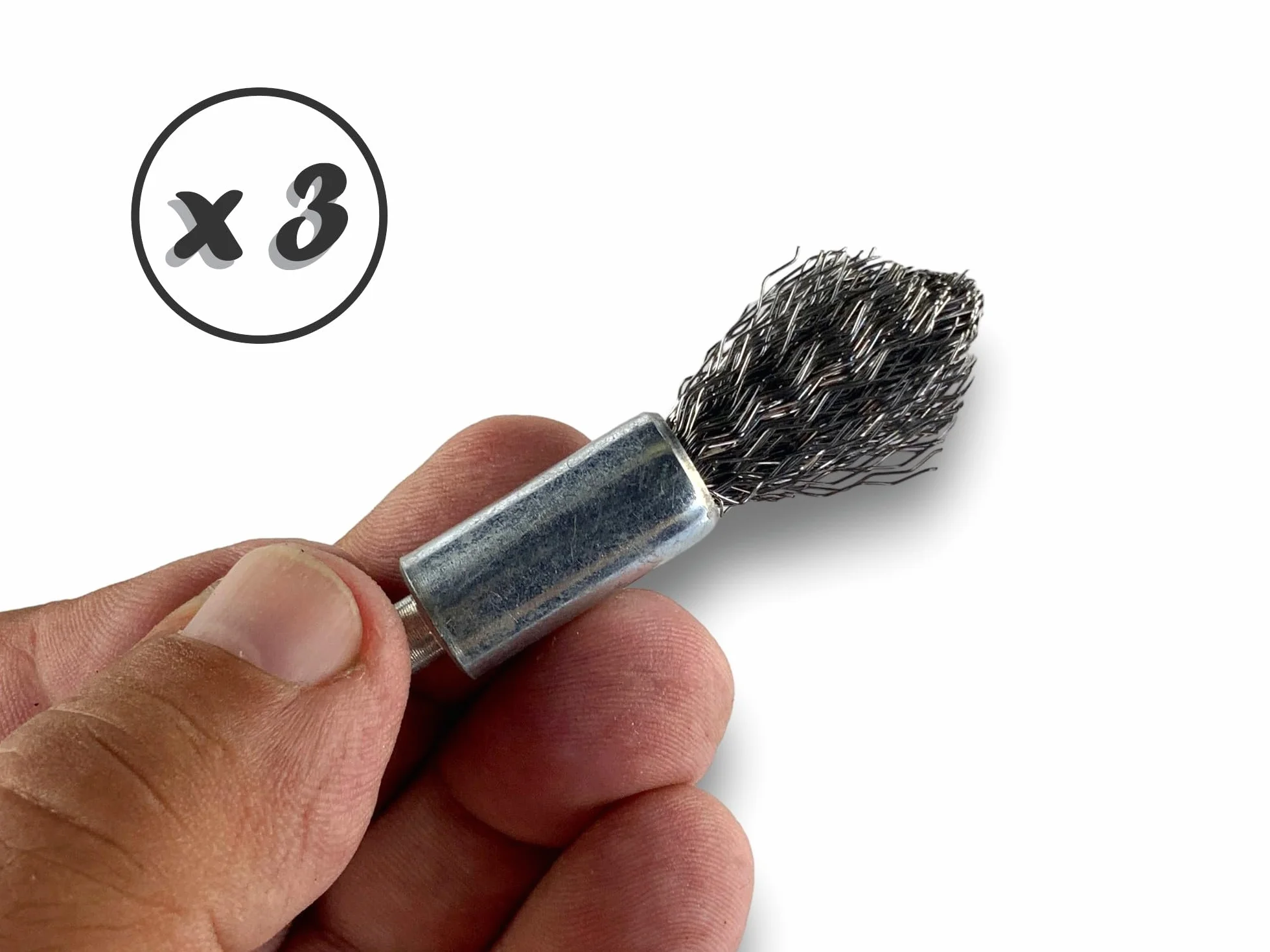 KIBROS 20TC12Px3 zestaw 3 szczotek drucianych ze spiczastym końcem na trzonku | Ø 12 mm | stal twarda 0,40 mm | kształt końcówki | do wiertarki lub wiertarko-wkrętarki | szczotkowanie i bejcowanie |