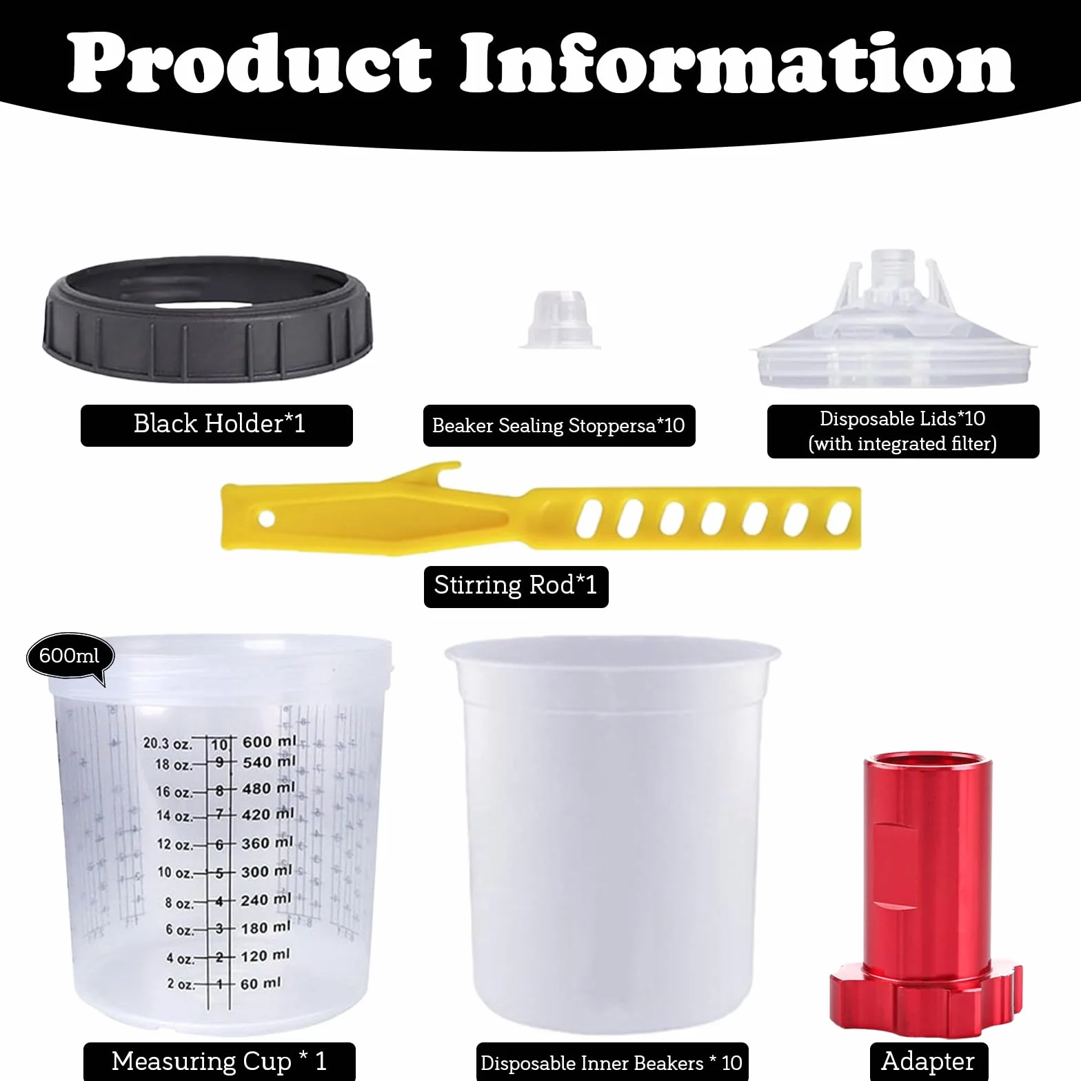 Zestaw kubków do mieszania farb 600 ml 10 sztuk 10 pokrywek z filtrami 1 twardy kubek 1 pręt 1 adapter 5 zatyczek