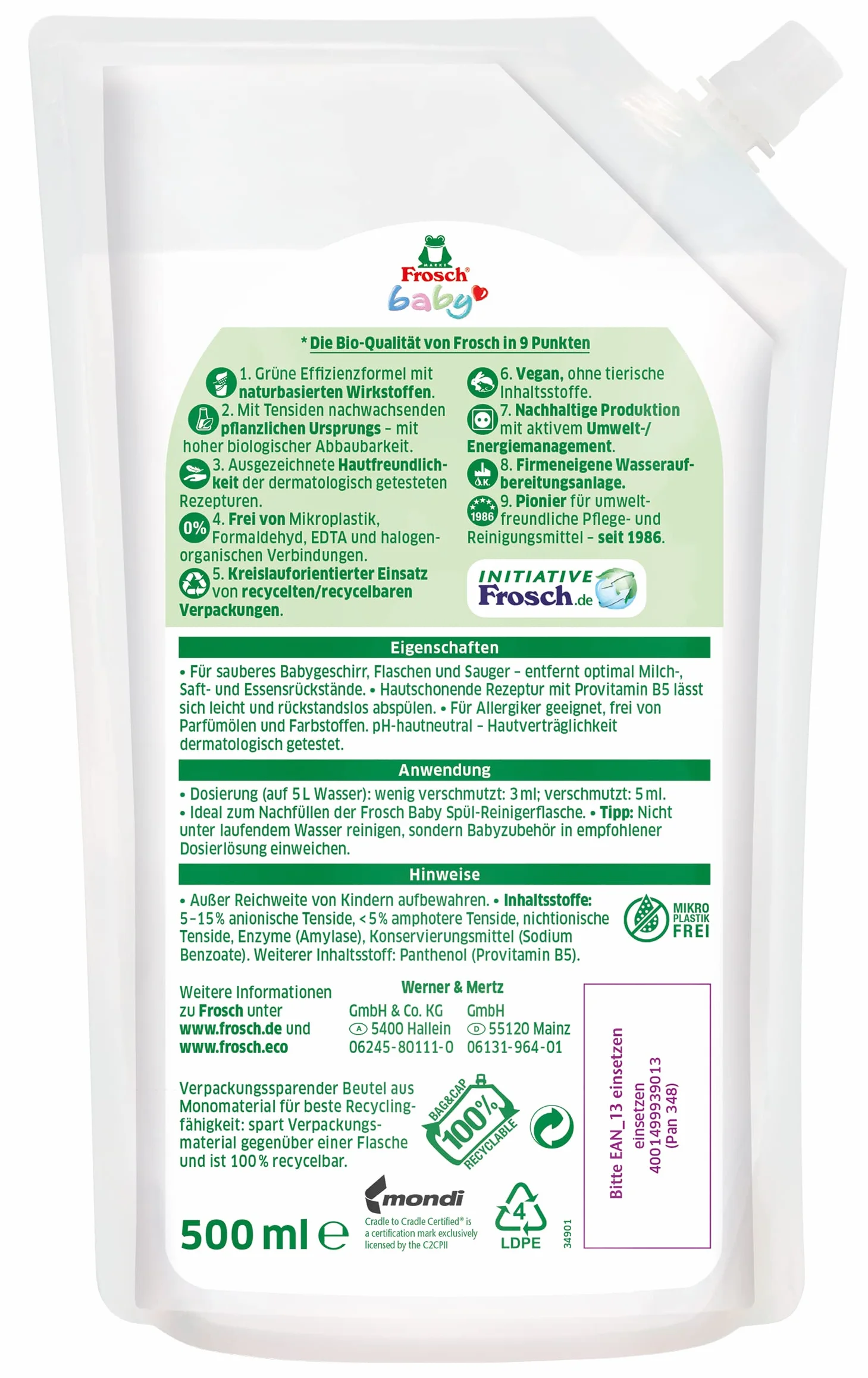 Frosch Worek uzupełniający do czyszczenia naczyń dla niemowląt, 500 ml