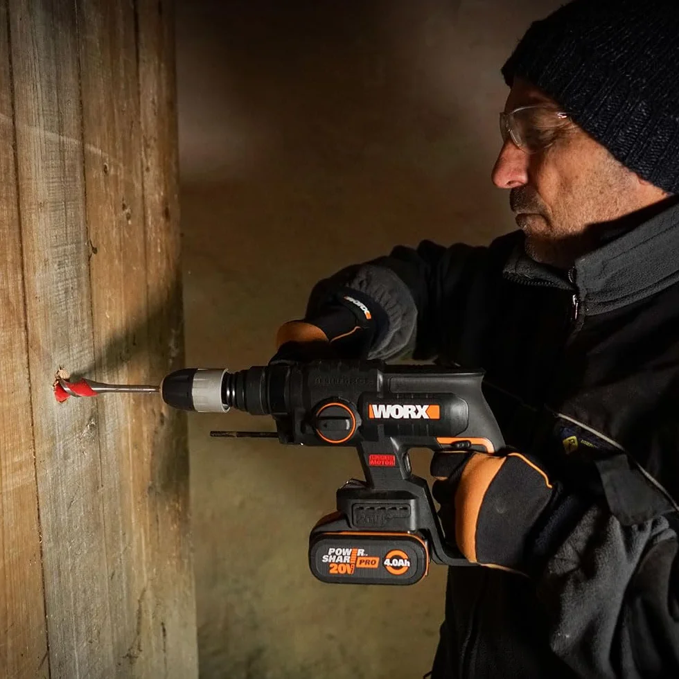 WORX Bezprzewodowy dziurkacz bezszczotkowy 20V WX381.9, 2J, 3 w 1, wiercenie, wiercenie, dłutowanie we wszystkich materiałach, antywibracje, dostarczany bez baterii i ładowarki, z akcesoriami
