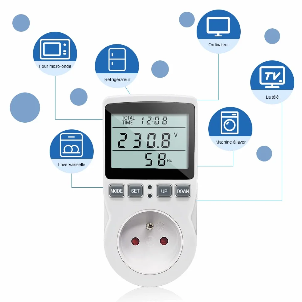 KETOTEK Miernik mocy z miernikiem mocy, licznik zużycia energii z wyświetlaczem LCD, gniazdko elektryczne ochrona przed przeciążeniem 3680 W (typ E)