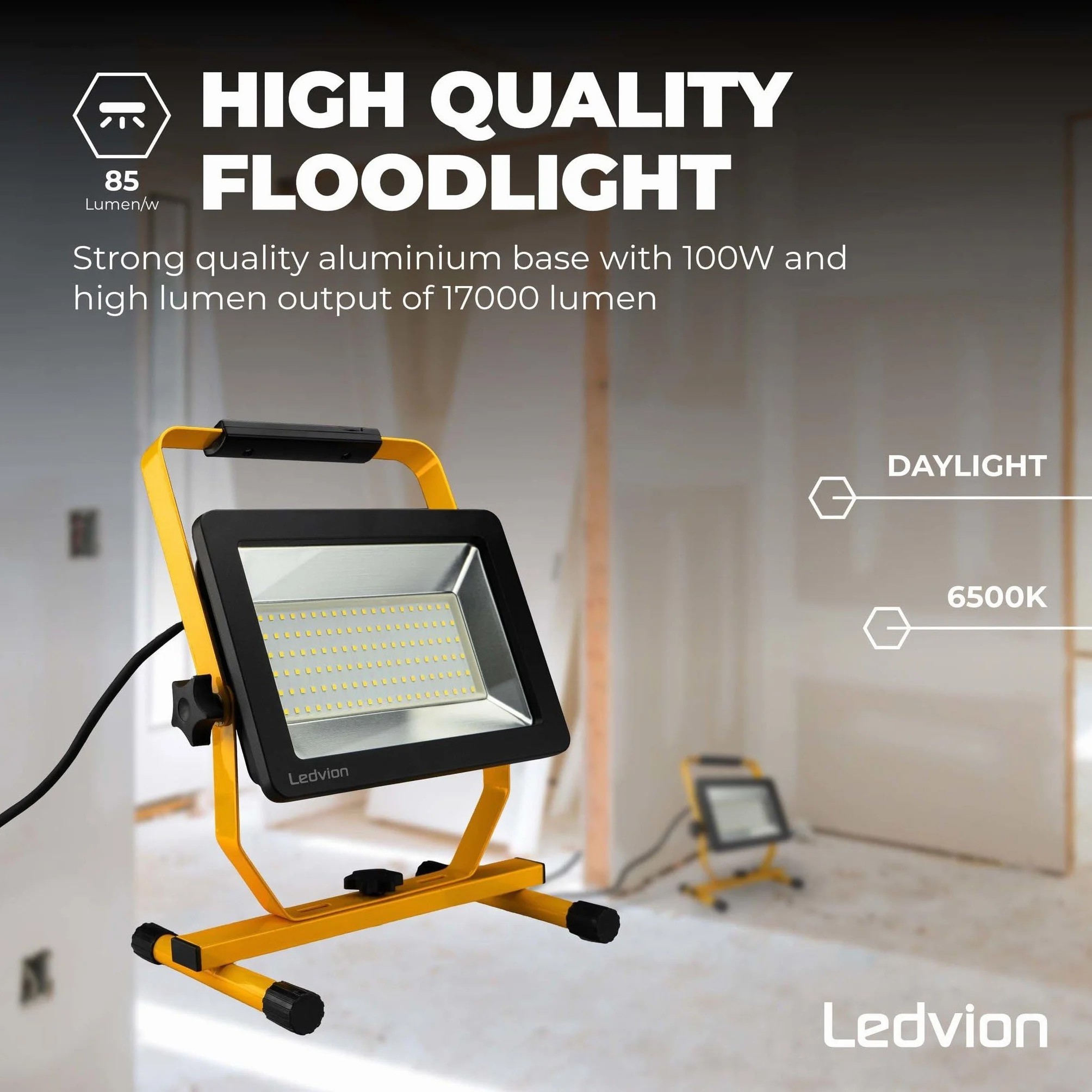 Ledvion Lampa budowlana LED, IP65, 100 W, 120 lm/W, 12000 lumenów, 6500 K, w zestawie kabel przyłączeniowy 1,5 m, lampa zewnętrzna