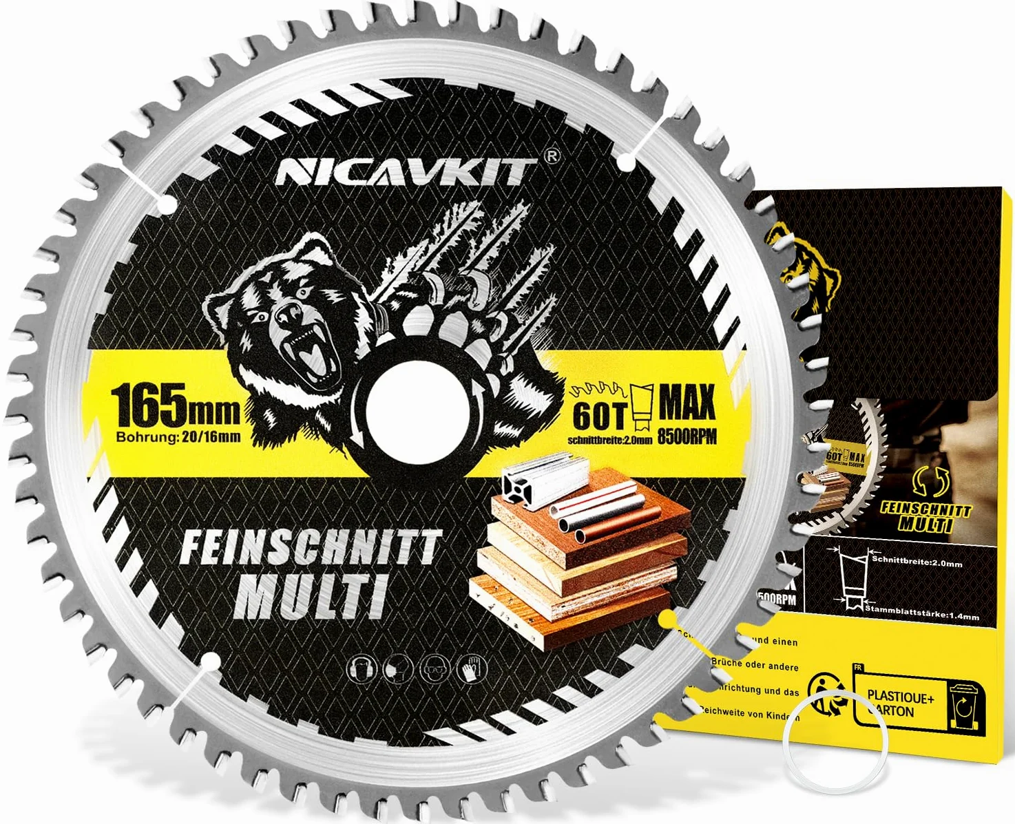 Ø 165 x 20 mm brzeszczot do piły tarczowej do drewna, metalu i aluminium i wielu innych, w zestawie pierścień redukcyjny 16 mm – Multi materiał brzeszczot do precyzyjnego cięcia 160 x 20