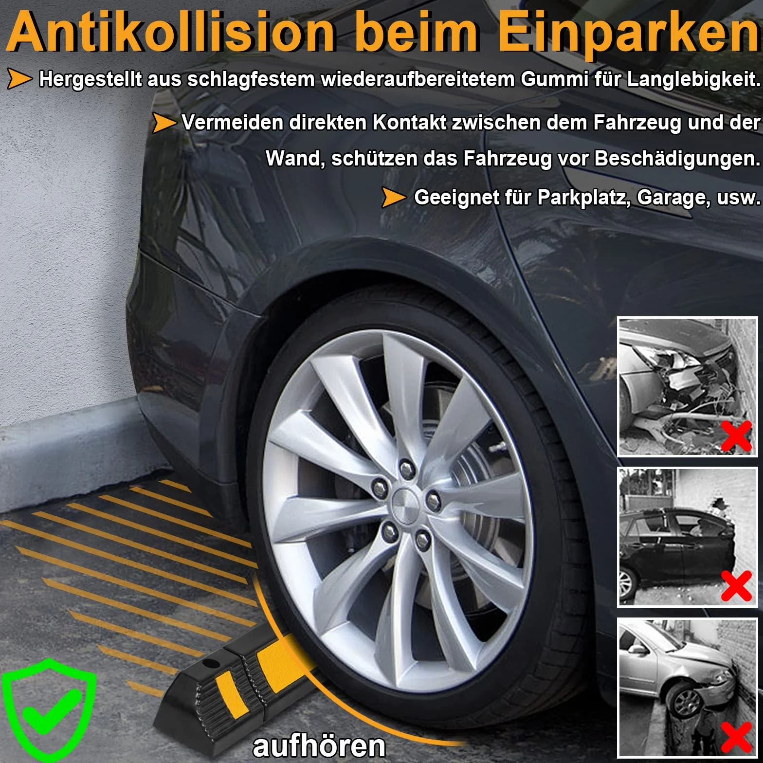 Zestaw 4 ograniczników parkowania, pomoc przy parkowaniu, ochrona przed najazdem, gumowe ograniczenie parkowania, do użytku komercyjnego i prywatnego, parkingów i prywatnych garaży (60 x 12 x 10 cm)