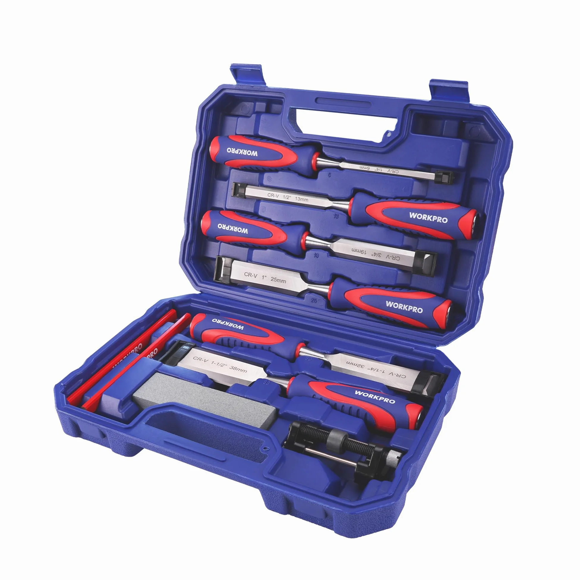 WORKPRO Zestaw 10 dłut do drewna Cr-V z antypoślizgowym uchwytem, kompaktowym etui, ołówkami stolarskimi i kamieniem szlifierskim - 6 rozmiarów (6-38 mm) do majsterkowania i obróbki drewna