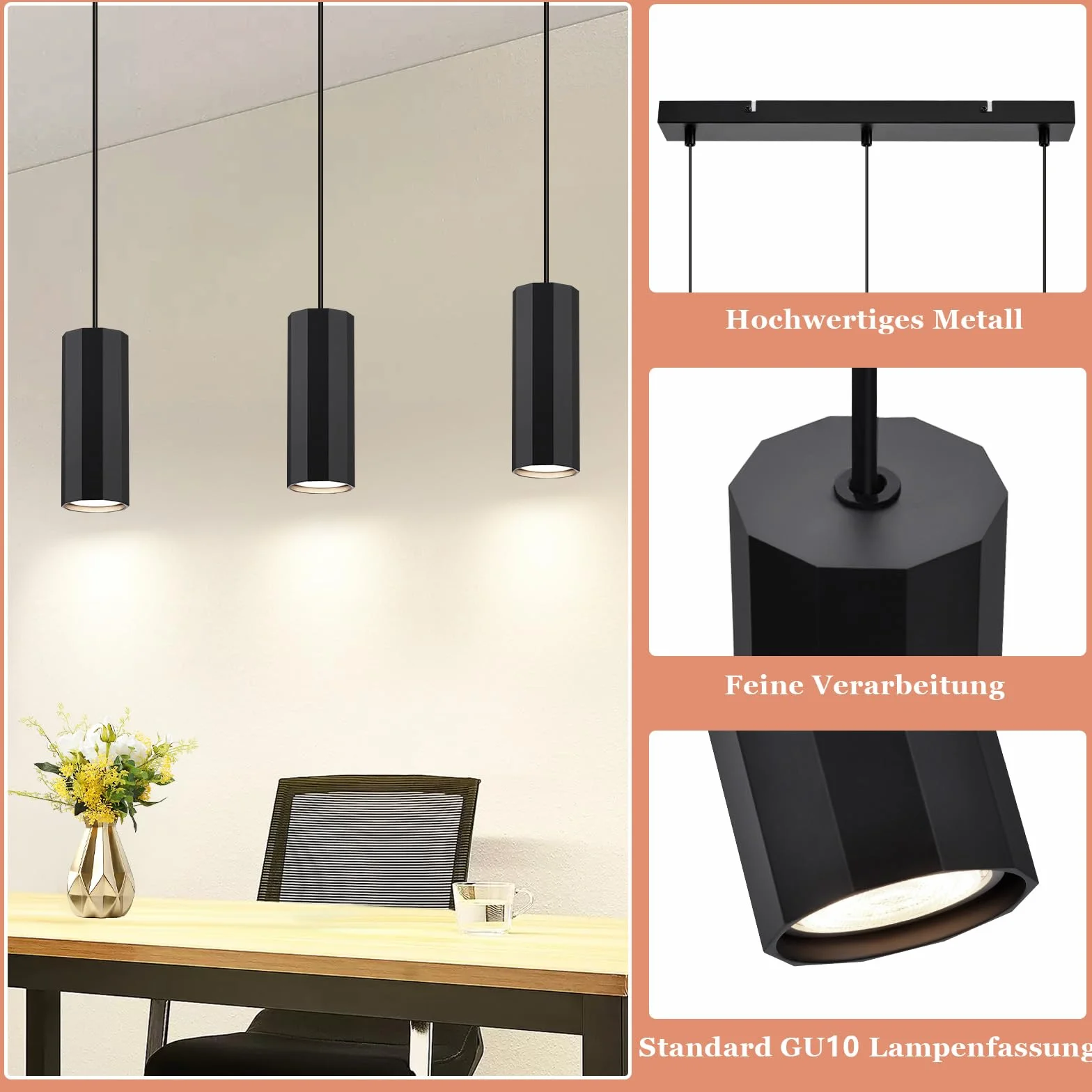 Glitzerlife Lampa wisząca 3-płomienna Stół jadalny Czarny - Lampa wisząca GU10 Salon Nowoczesna lampa industrialna do jadalni Wisząca metalowa lampa wisząca do kuchni Sypialni Jadalni