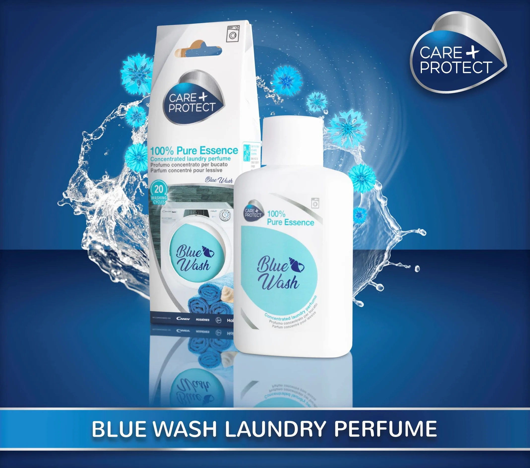 Care + Protect – perfumy do prania Blue Wash do pralki/100% Pure Essence / skoncentrowany zapach prania / uniwersalne zastosowanie / długo działający zapach / 100 ml na ok. 20 cykli prania
