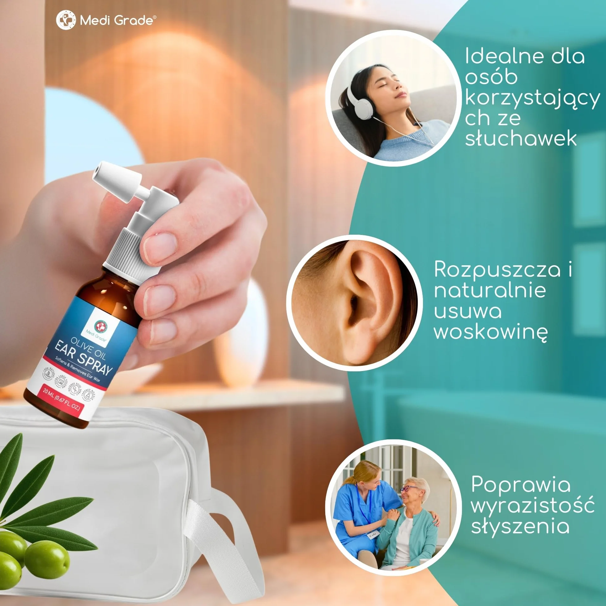 Medi Grade Olejek do Uszu w Sprayu 20ml Naturalny na Zatkane Uszy Usuwanie Woskowiny