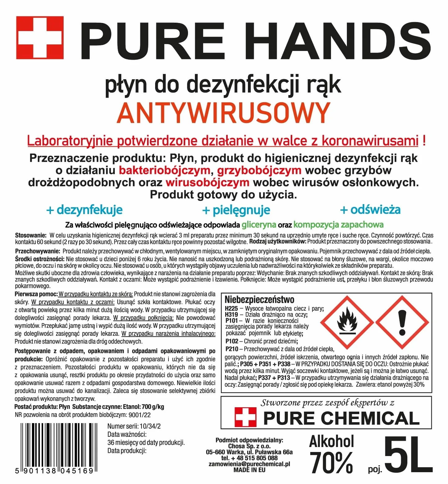 Płyn Do Dezynfekcji Rąk I Skóry Pure Hands 70% 5L