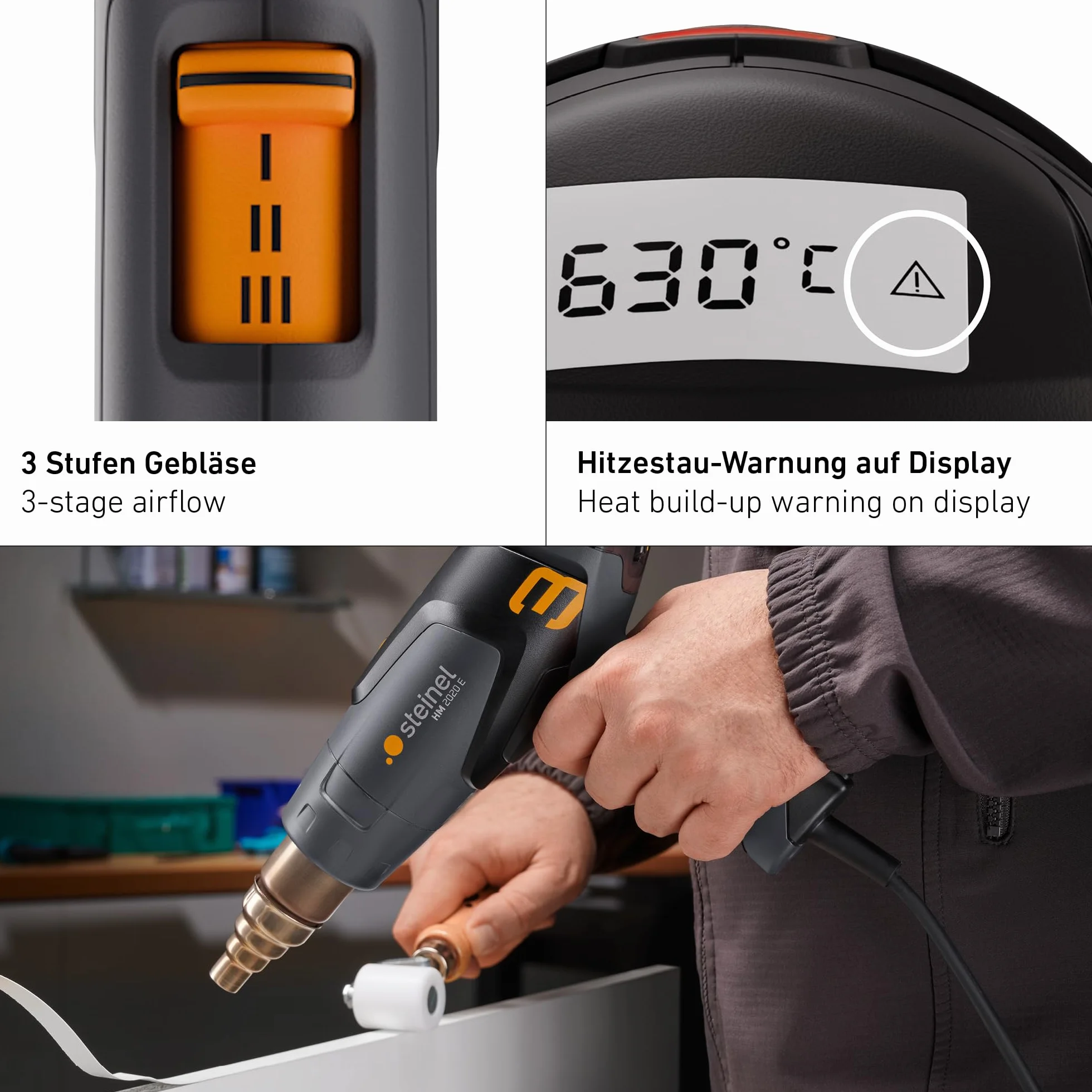 Steinel Pistolet na gorące powietrze HM 2020 E | 2200 W, wyświetlacz LCD, temperatura 80°-630°C, pistolet na gorące powietrze z grzałką ceramiczną, 150-500 l/min.