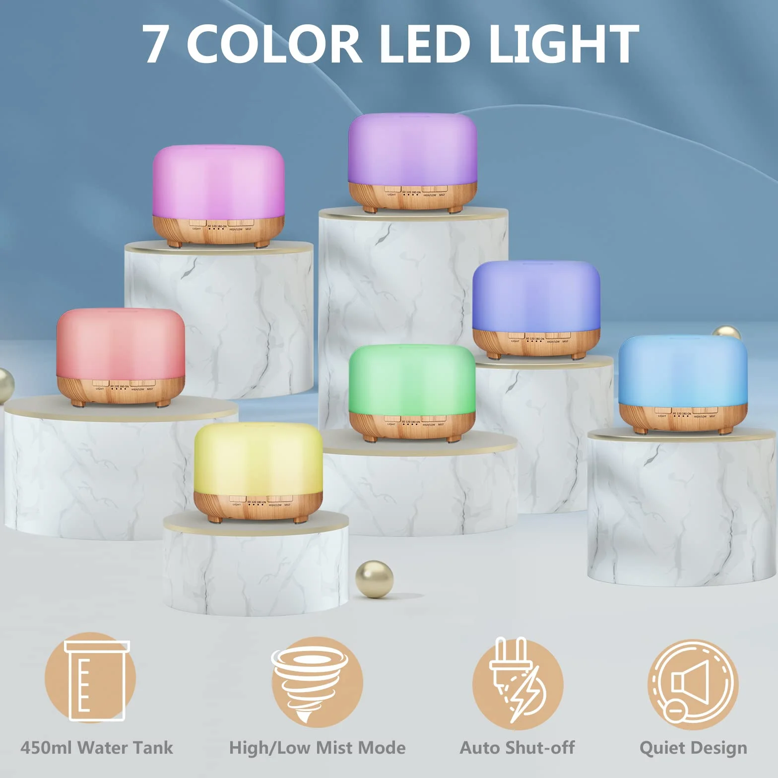 Hianjoo Dyfuzor zapachowy ultradźwiękowy 450 ml z timerem LED 7 kolorów