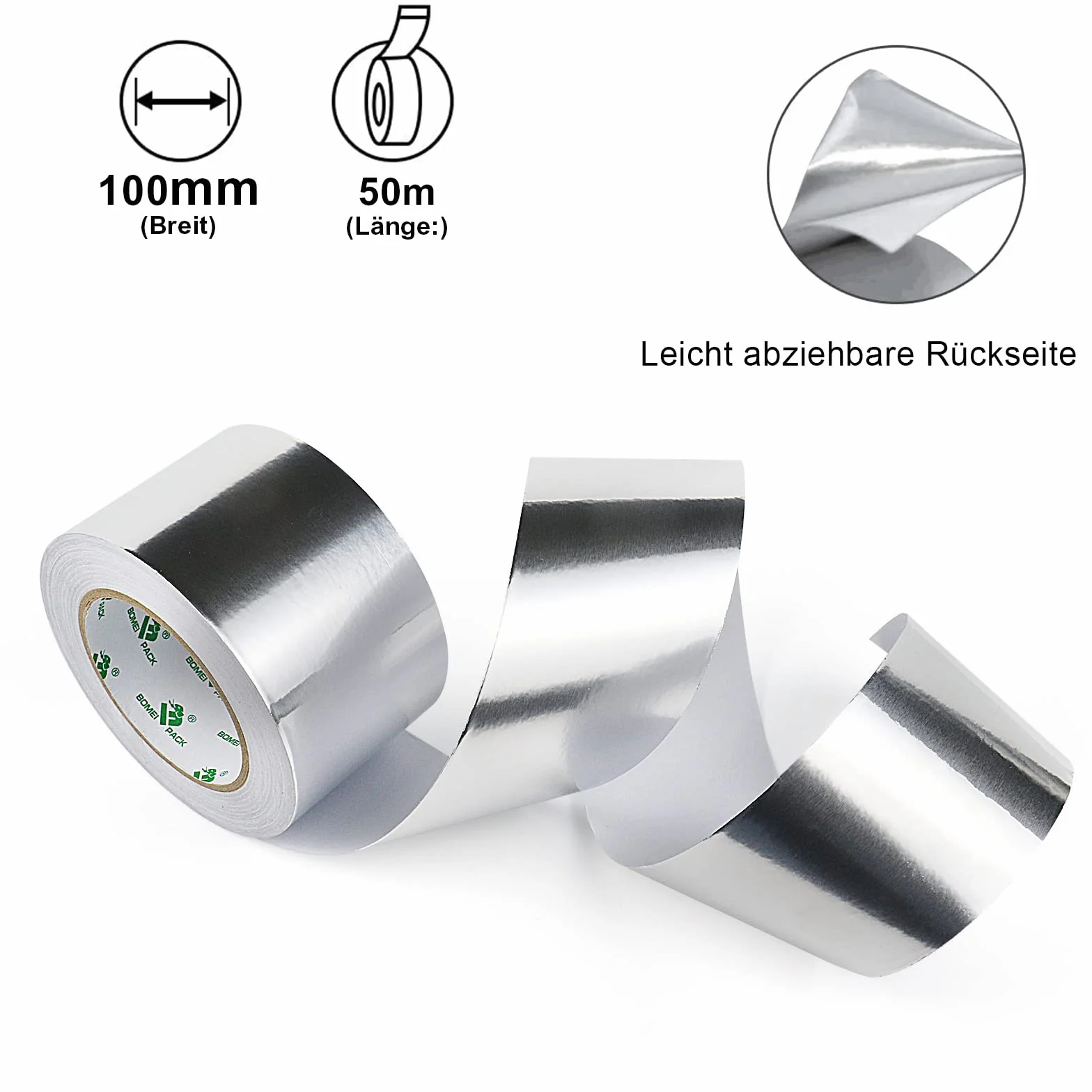 BOMEI PACK Aluminiowa taśma klejąca 100 mm x 50 m, wodoodporna, odporna na wysokie temperatury