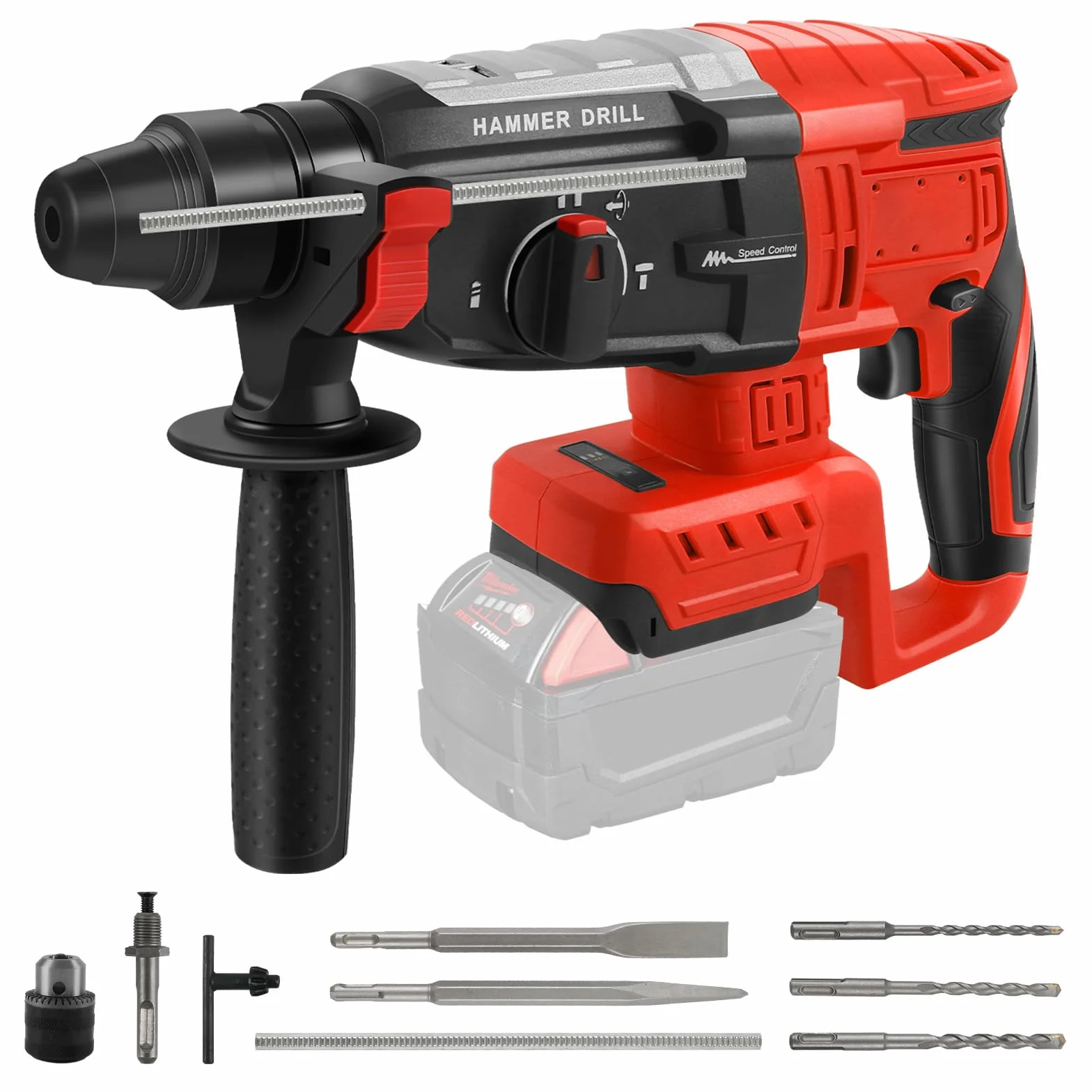Akumulatorowa wiertarka udarowa kompatybilna z akumulatorem Milwaukee 18 V, bezszczotkowa wiertarka udarowa SDS Plus 2,6 J z 4 trybami i 5 wiertłami, uchwyt pomocniczy 360° (bateria nie jest dołączona