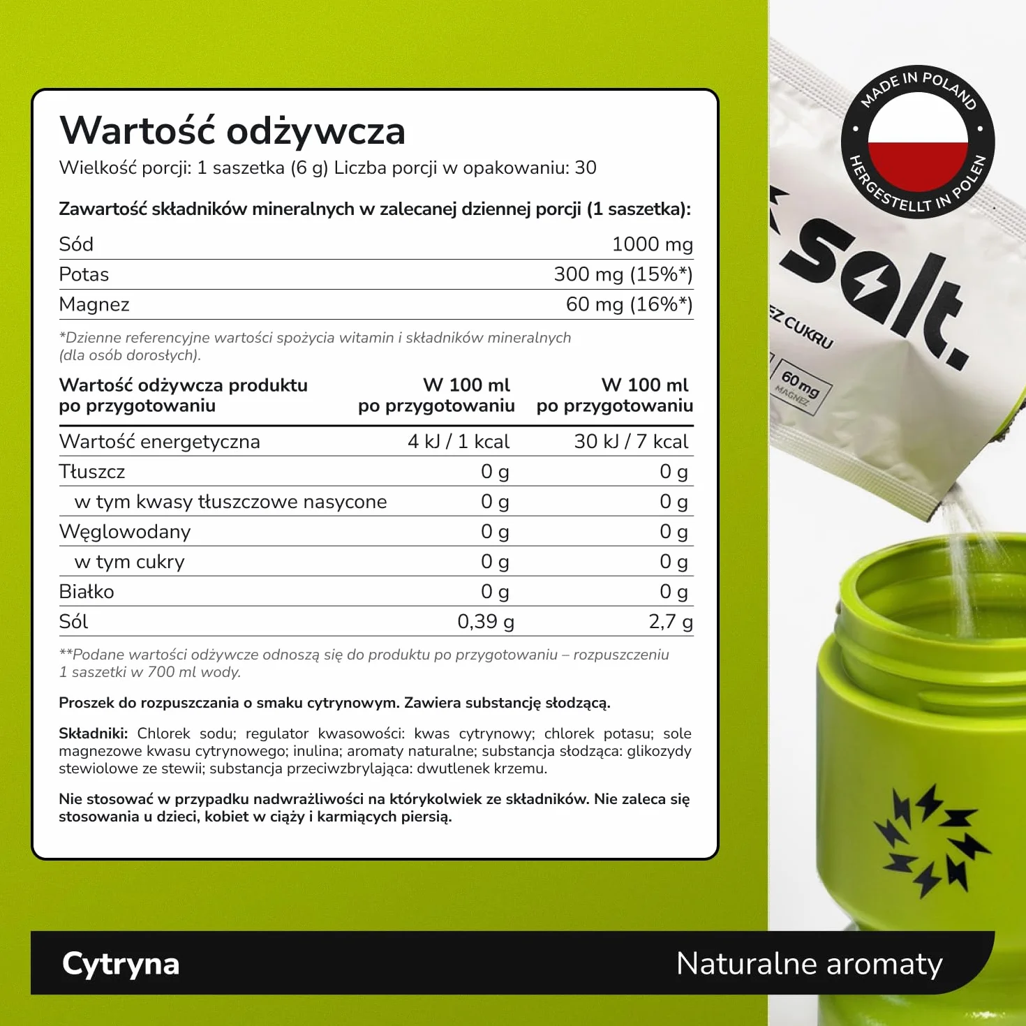 Elektrolity Bez Cukru 30 SZTUK 1000 mg sodu 300 mg potasu 60 mg magnezu Cytrynowe