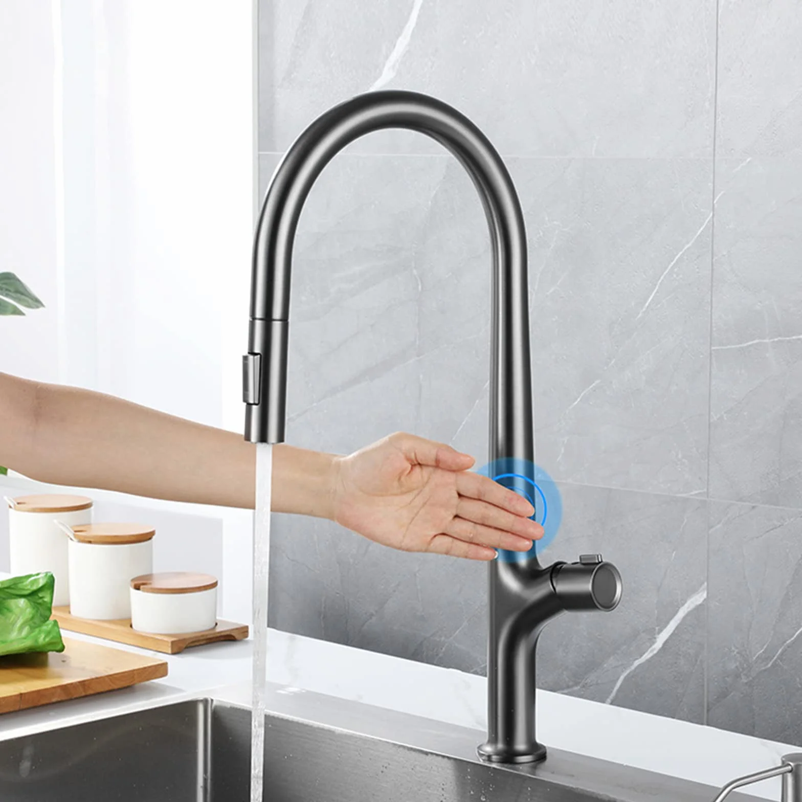 Bateria zlewozmywakowa Touch Kitchen Sink, baterie z wyciąganą wylewką i 2-funkcyjną wylewką, mosiężne jednouchwytowe krany kuchenne, Gun Grey