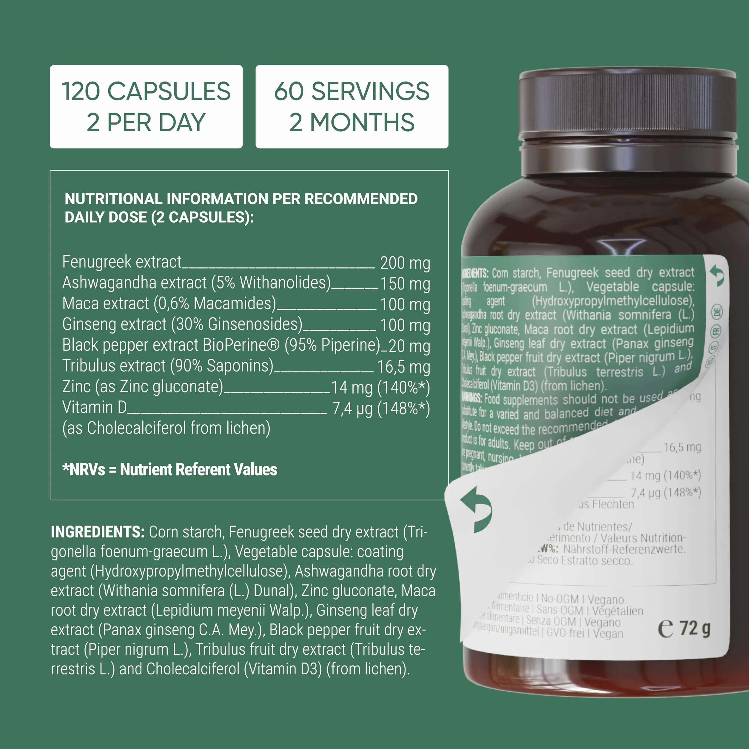 Nullure Testosteron dla mężczyzn Naturalny | wegańskie | Testowane w niemieckim laboratorium | Wydajność · Kulturystyka · Energia I Tribulus Terrestris + Maca + Ashwagandha + Cynk |120 ​​​​kaps