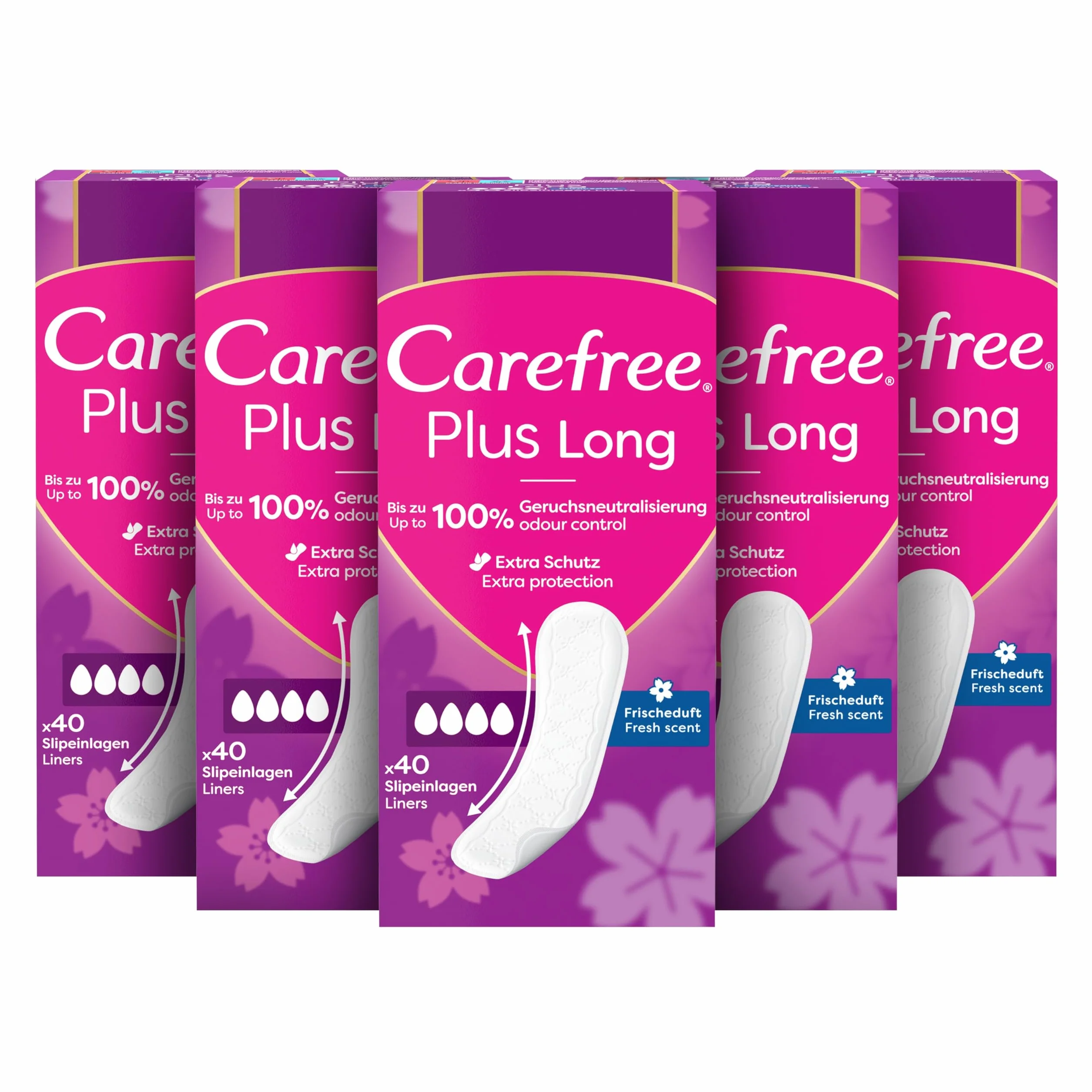 Carefree Wkładki Plus Long o świeżym zapachu (5 x 40 sztuk), super chłonne, aby natychmiast wlać płyny, rozmiar Plus Long