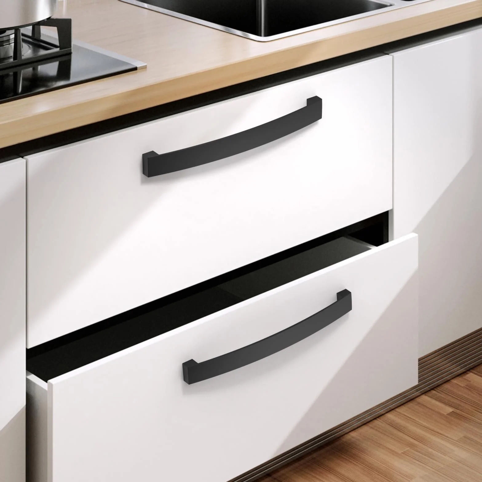 Amerdeco 10 sztuk uchwytów meblowych w kolorze czarnym, odstęp między otworami 160 mm, stop aluminium, uchwyty do szuflad i szafek kuchennych i szafek na ubrania UK0021