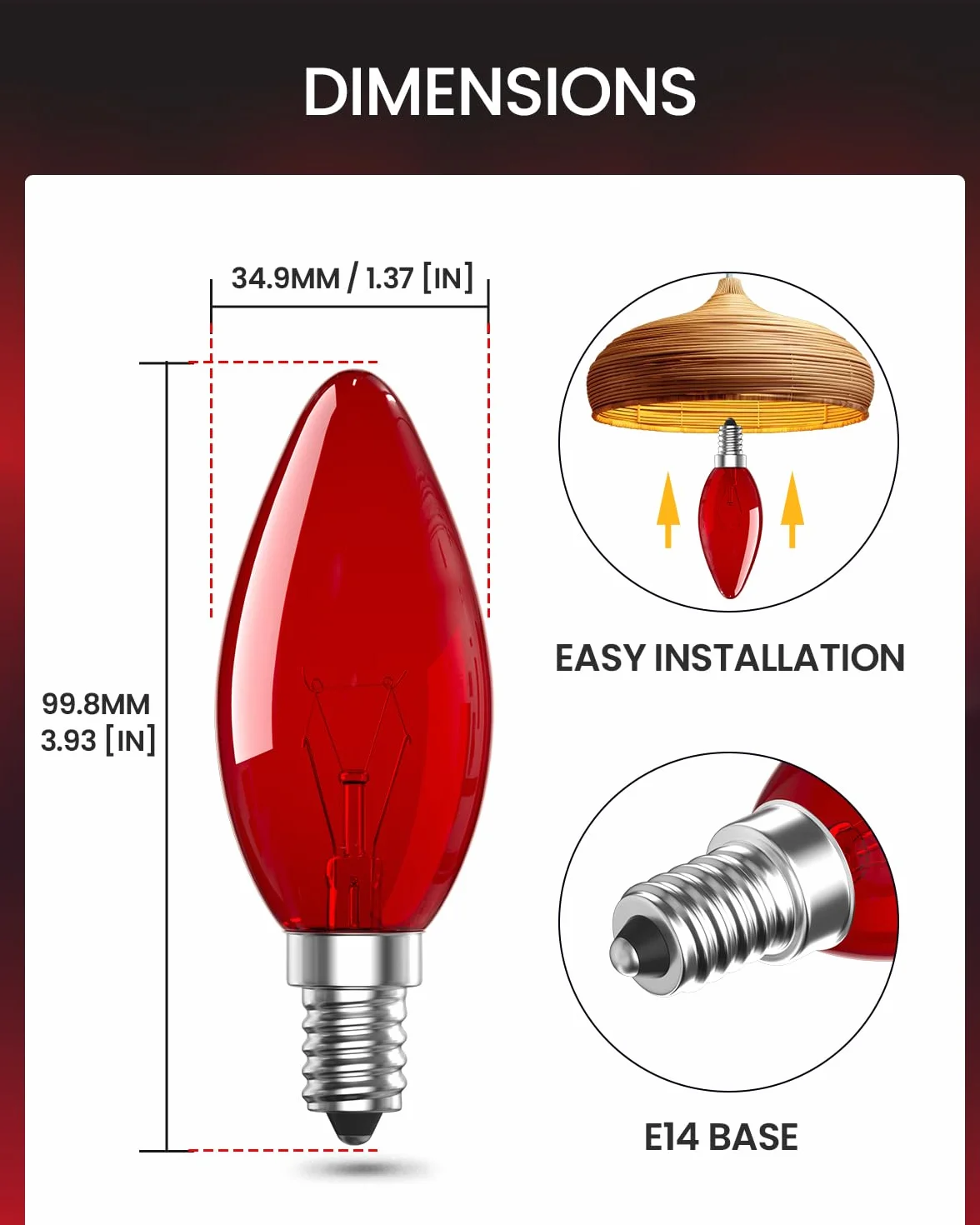 LumiGo 2X E14 Czerwona Żarówka 26W, Świeca C35 Szkło Regulowana Jasność Ozdobne Oświetlenie AC 220-242V do Kinkietów Elektryczny Ogień Halloween Dekoracja Świąteczna