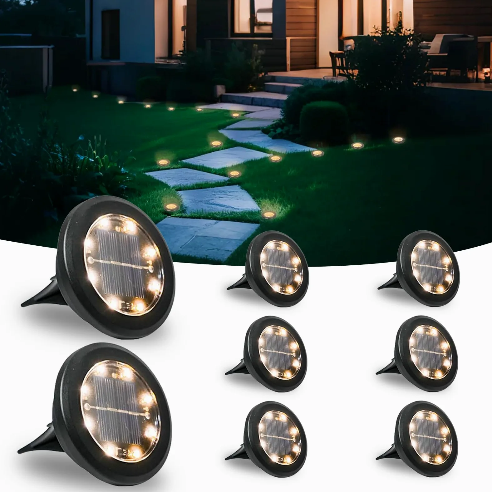Hqynss Zestaw 8 solarnych lamp do ogrodu, 8 diod LED, oświetlenie ogrodu, solarne, wodoodporne IP65, długa żywotność, światła solarne na zewnątrz, do ogrodu, trawnika, podjazdu, ścieżki, tarasu