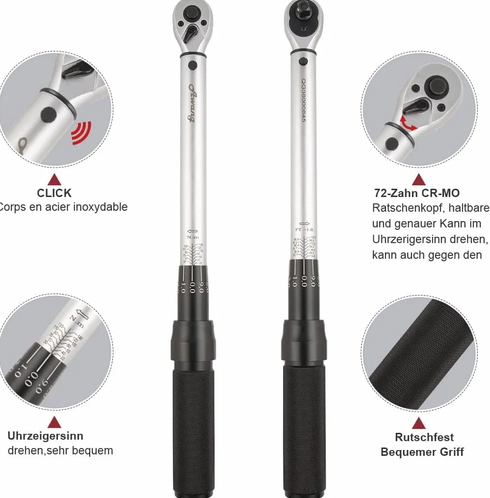 Awang Zestaw misek dynamometrycznych 1/2", 25-220 NM z adapterem, przedłużeniem i walizką, precyzyjna i łatwa w obsłudze do samochodu, motocykla
