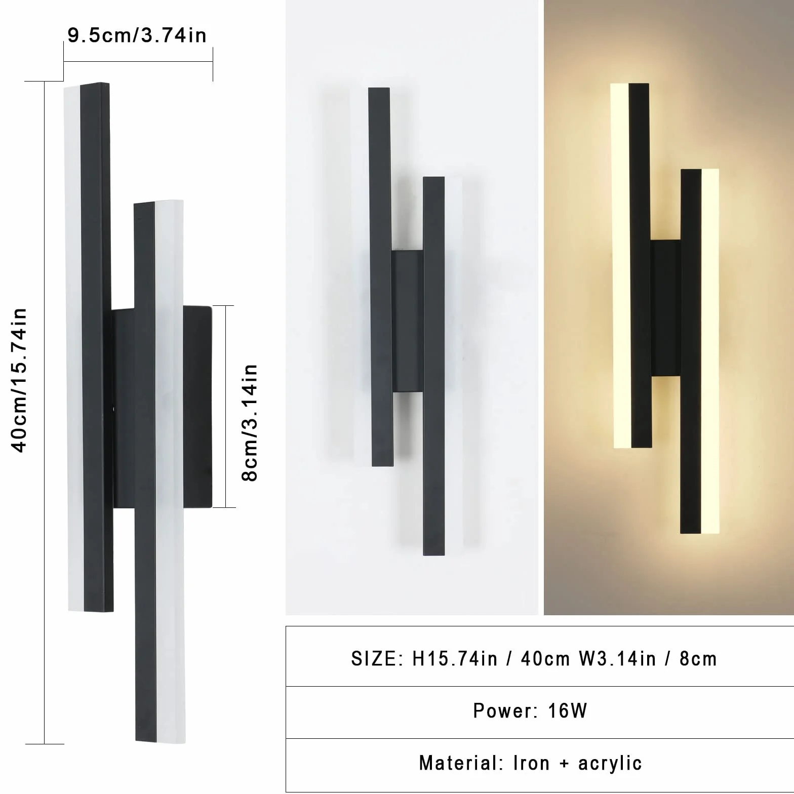Riserva Wewnętrzna lampa ścienna LED, 16W nowoczesna lampa ścienna 3000K ciepłe światło, akrylowa wewnętrzna lampa ścienna do sypialni, salonu, przedpokoju, klatki schodowej, czarna