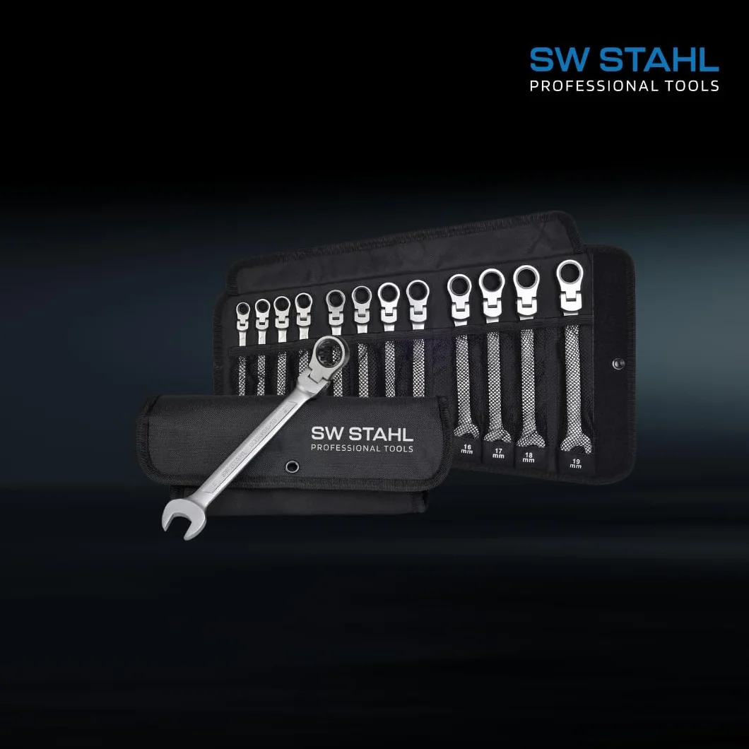 SW-Stahl 03530L Zestaw Kluczy Płasko-Oczkowych z Grzechotką, 8-19 mm | Zestaw 12 kluczy ze stali chromowo-wanadowej, drobne uzębienie 72 zęby, w praktycznym etui z funkcją zwijania.