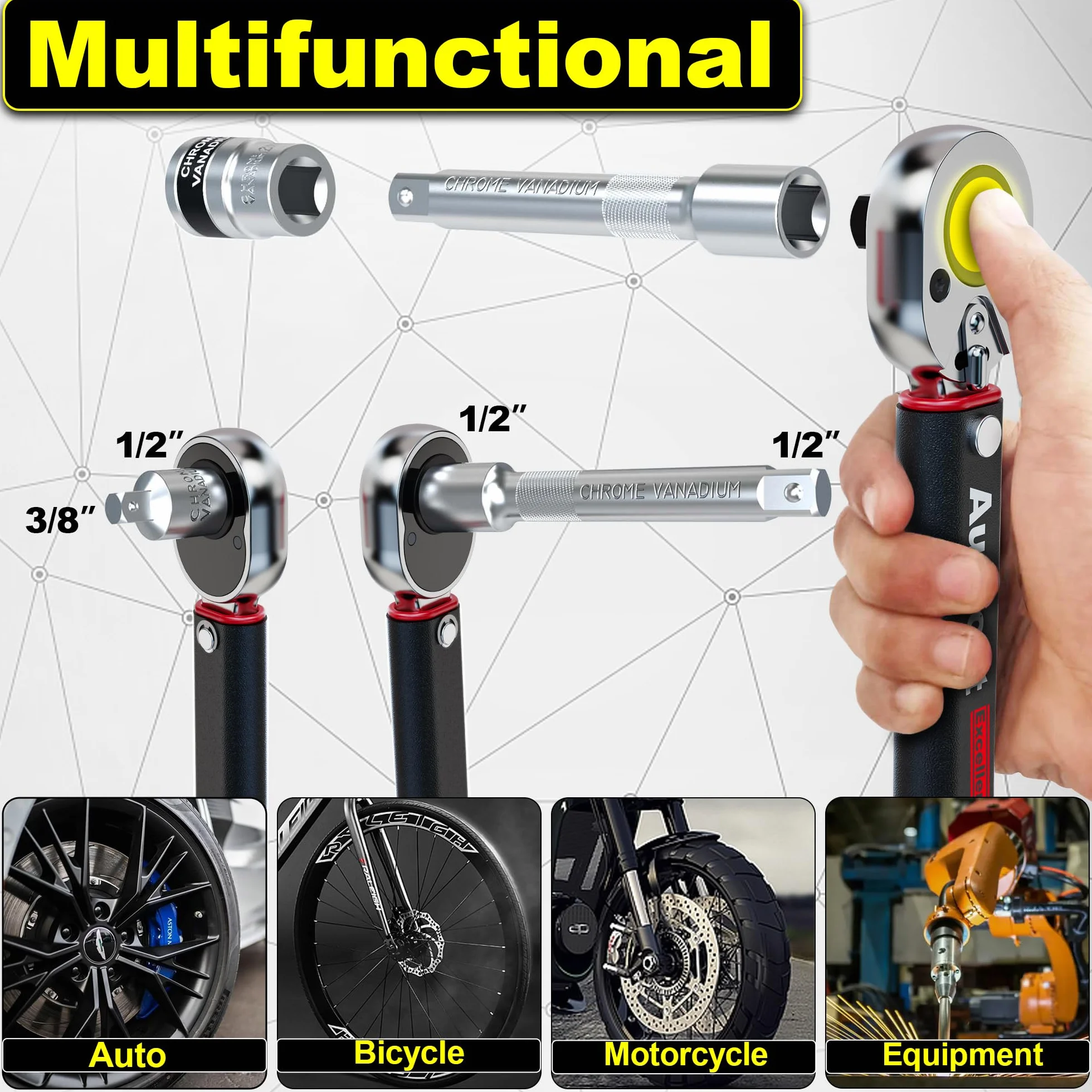 Klucz Dynamometryczny 1/2" 20-230 Nm, Samochodów i Motocykla, Klucz Obrotowy 6-częściowy Czarny