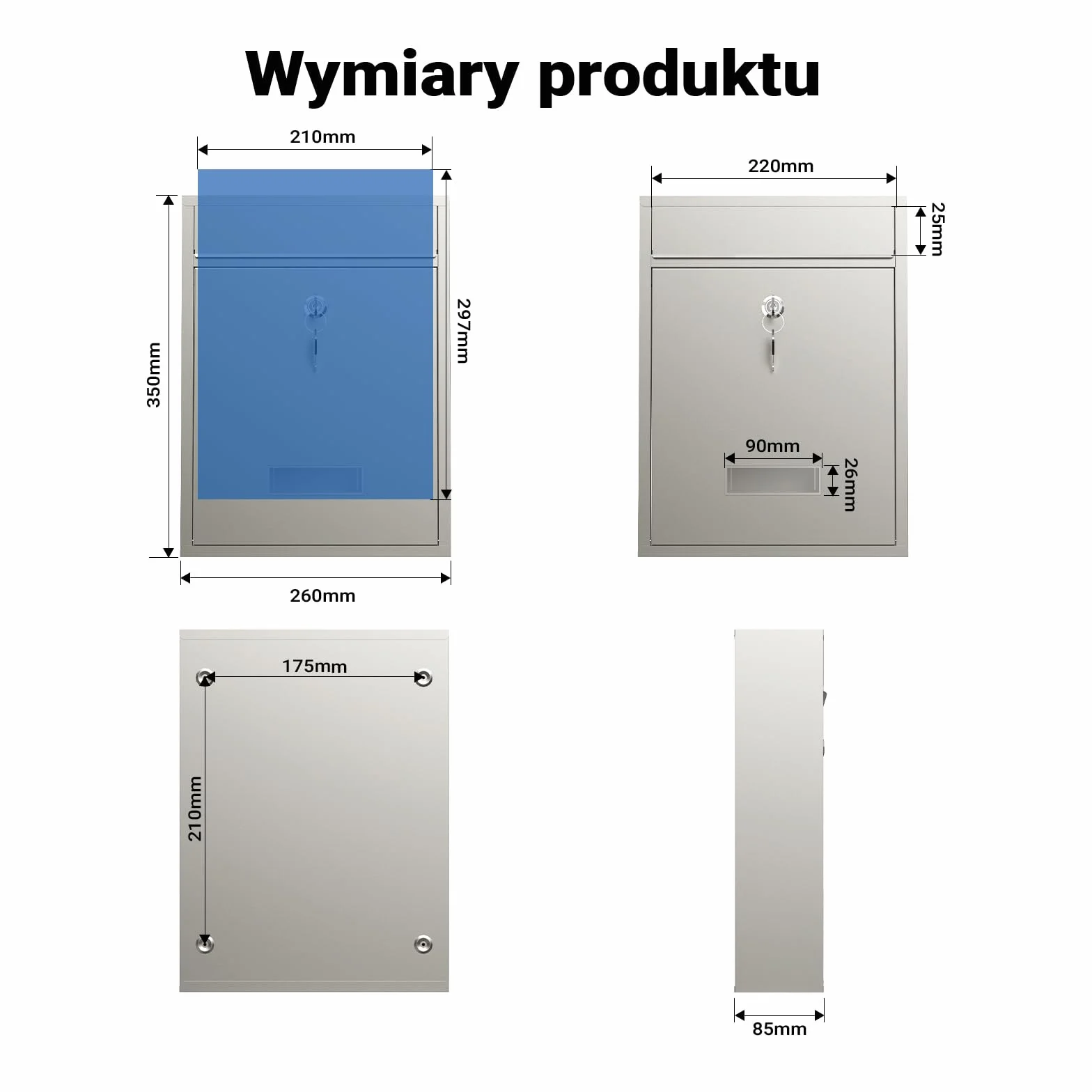 Wiltec Skrzynka na listy V10 ze stali nierdzewnej z zamkiem, nowoczesna stalowa skrzynka pocztowa do montażu na ścianę z kluczami, trwała i bezpieczna