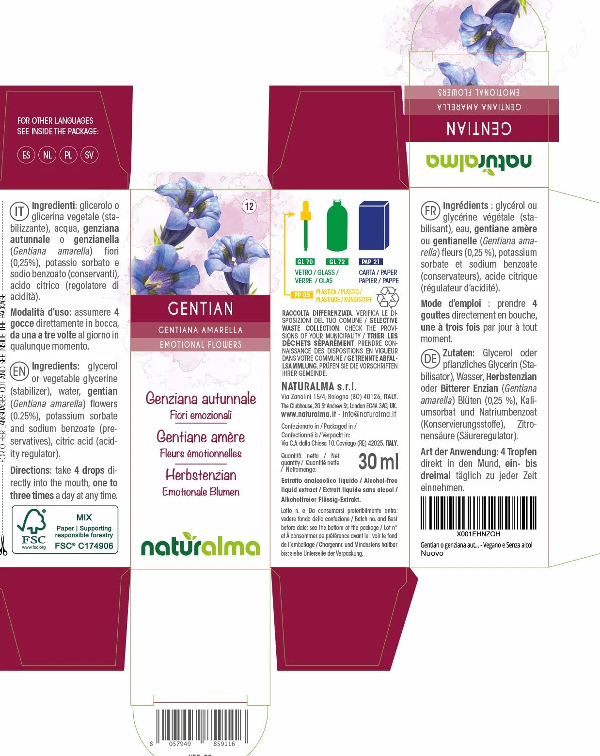 Gentian lub Goryczuszka gorzkawa (Gentiana amarella) Kwiaty emocji lub Kwiaty Bacha Naturalma - Krople 30 ml - Płynny ekstrakt bezalkoholowy - Esencje kwiatowe - Wegański