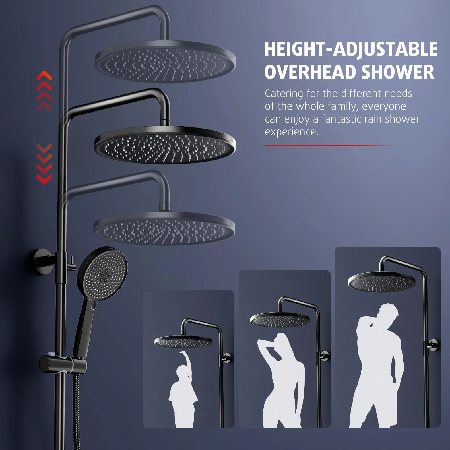 Rainsworth System prysznicowy z termostatem, Ø 30 cm, okrągły, deszczownica, zestaw prysznicowy oszczędzający wodę, 5 rodzajów strumienia, 92-126 cm, drążek prysznicowy Rainforest, kompletny zestaw do