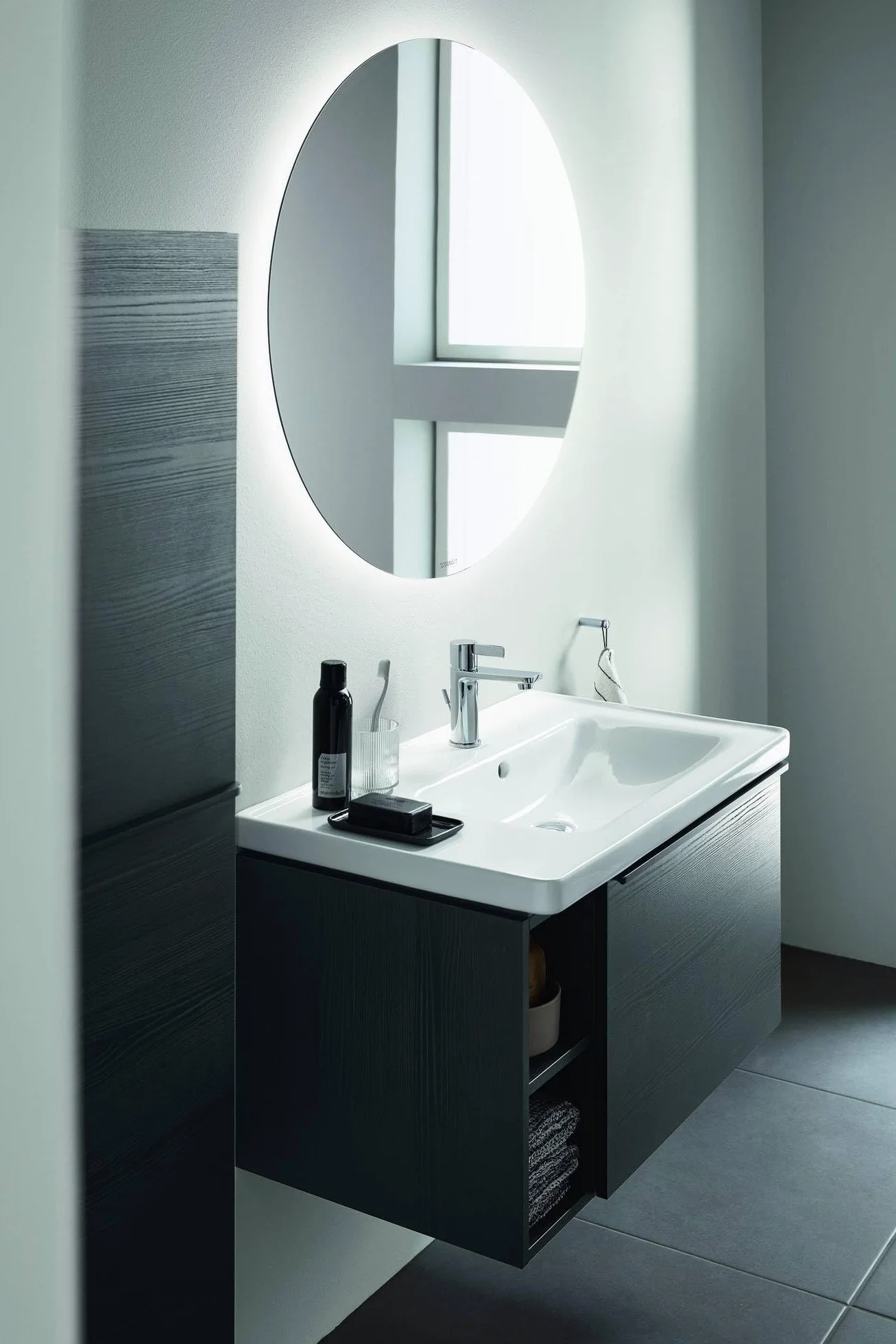 Duravit D-Neo Umywalka łazienkowa, Rozmiar M (wysokość ust 110 mm), Mikser umywalka łazienka z przesączkiem, chrom