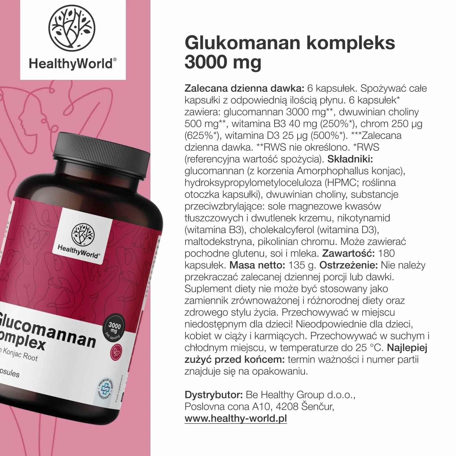HealthyWorld Glukomanan kompleks 3000 mg – Z Korzenia Konjac - 180 kapsułek - Wsparcie w Odchudzaniu - Z dodatkiem Choliny, Chromu, Witaminami D3 i B3 - Wolny od GMO - 1-miesięczny Zapas