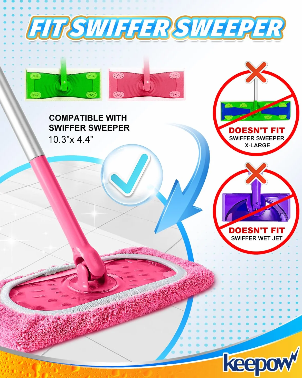 KEEPOW Wielokrotnego użytku na ściereczki do mopu Swiffer - czyste bawełniane ściereczki na mop Swiffer, idealne do Swiffer Wet, do czyszczenia podłóg z drewna twardego, 25,4x11,5cm, 6 sztuk