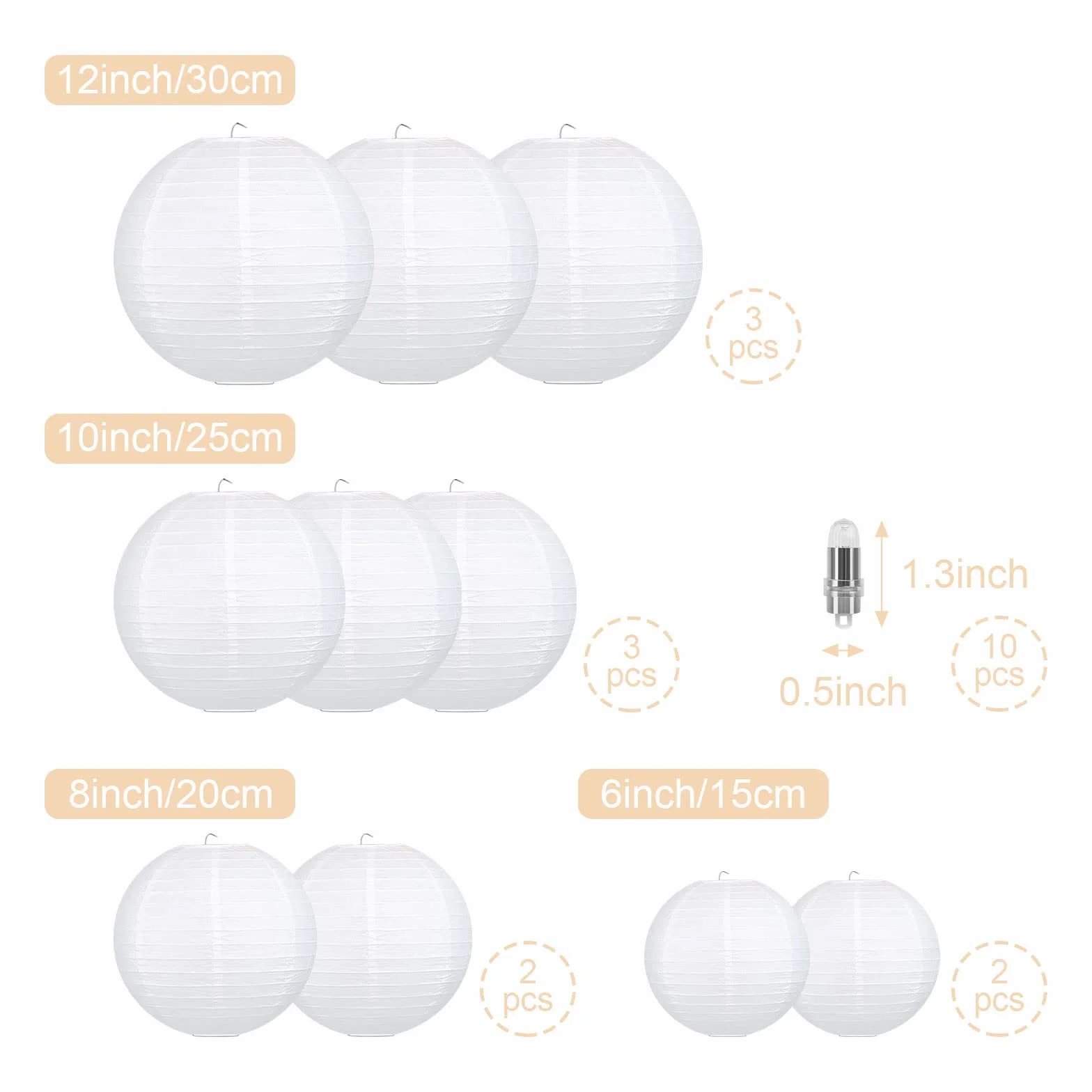 10 sztuk papierowych lampionów, białe lampiony z 10 sztukami białych diod LED, ciepłe białe światło, latarnia, abażur na wesele, imprezę, urodziny, dekoracja