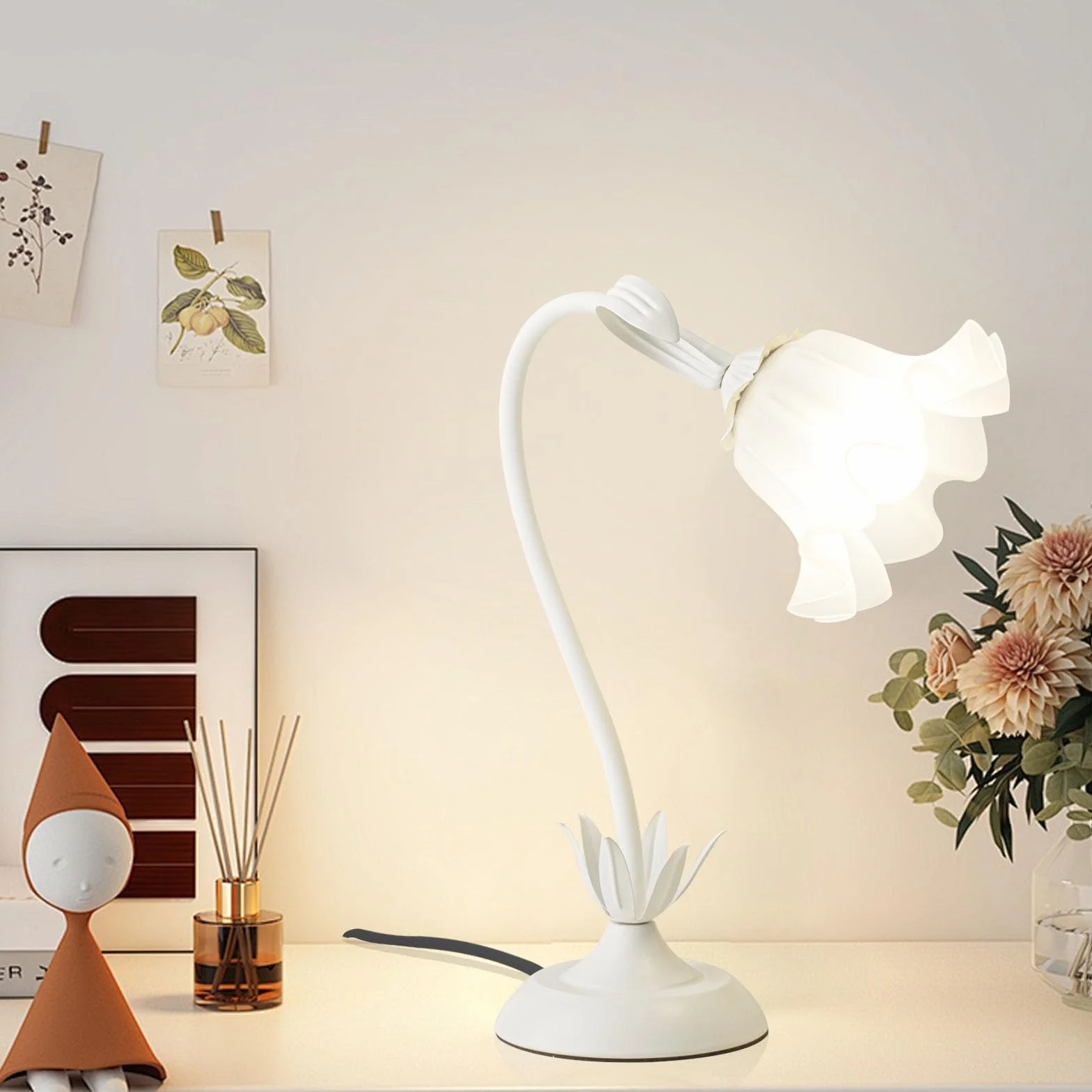 Biała lampa nocna, akrylowa lampa stołowa z kwiatami, metalowa lampka biurkowa dla dziewczynek, abażur z akrylu, wolno obrotowa lampa do sypialni, salonu, z trójkolorowym oświetleniem, 50 cm