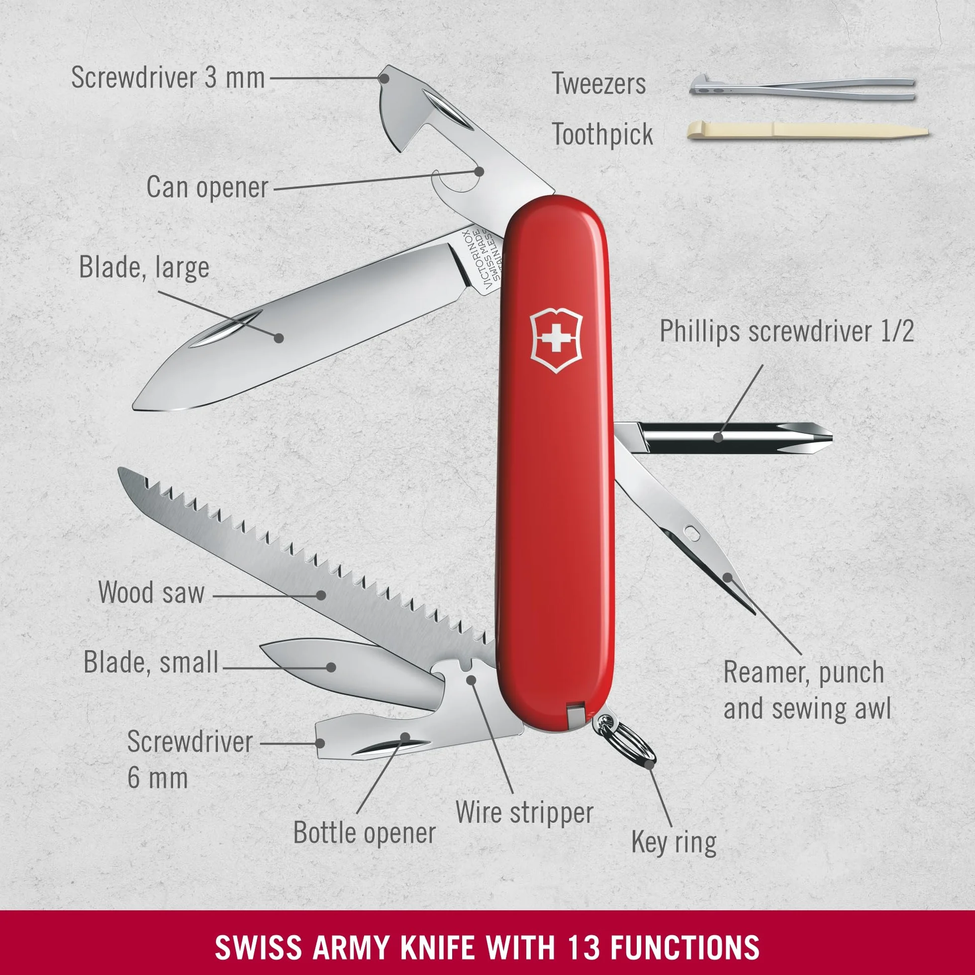 Victorinox Scyzoryk Hiker (13 funkcji, piła do drewna, śrubokręt Phillips, wykałaczka) czerwony