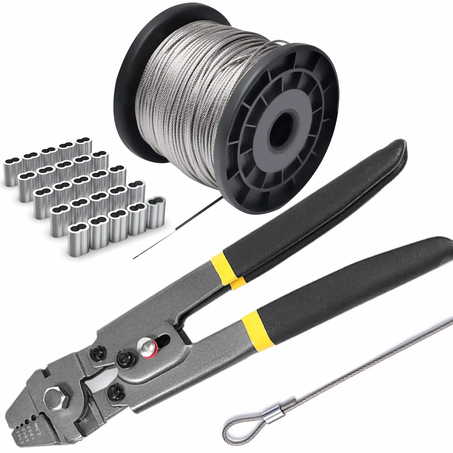 Zestaw narzędzi do zaciskania lin, z kablem ze stali nierdzewnej 1/16-304, 50 m (rdzeń 7 x 7 żył), 100 tulejek kablowych, aluminiowych tulejek pętelkowych