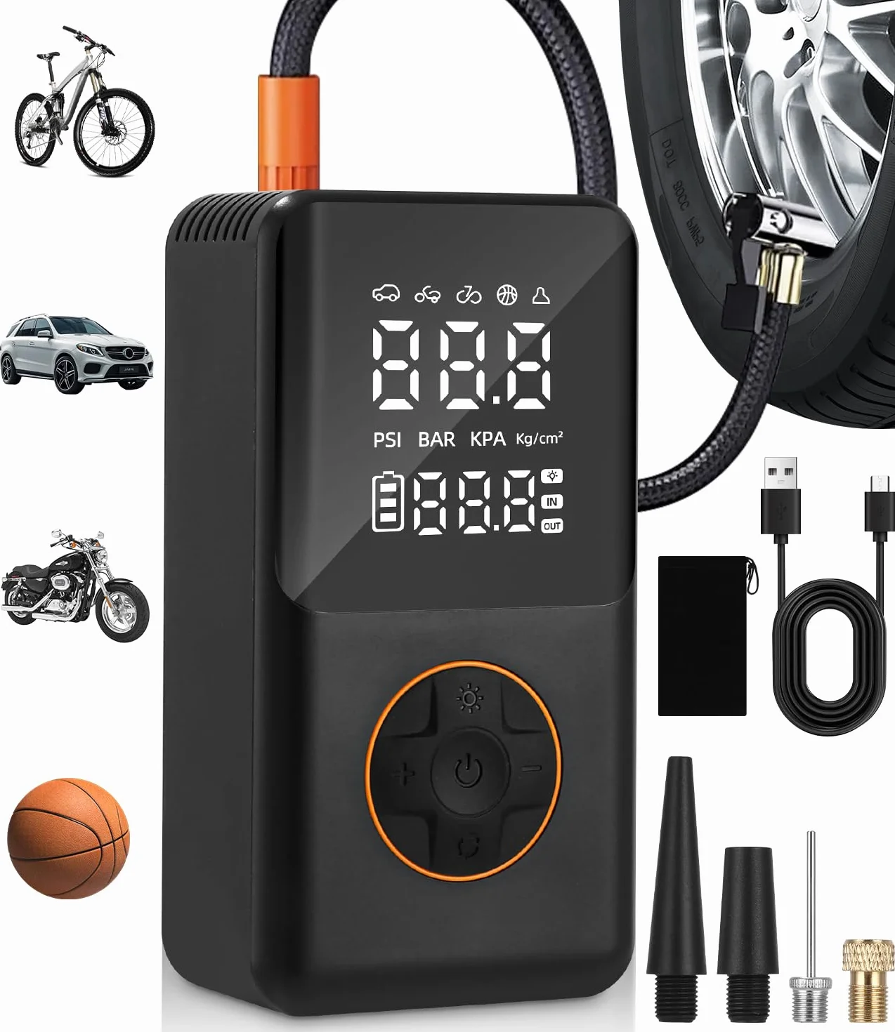 Przenośna sprężarka powietrza,Samochodowa sprężarka powietrza 150PSI,4000mAh Mini elektryczna rowerowa pompka powietrza z latarką LED,do Samochodów, Motocykli,Rowerów i Piłek