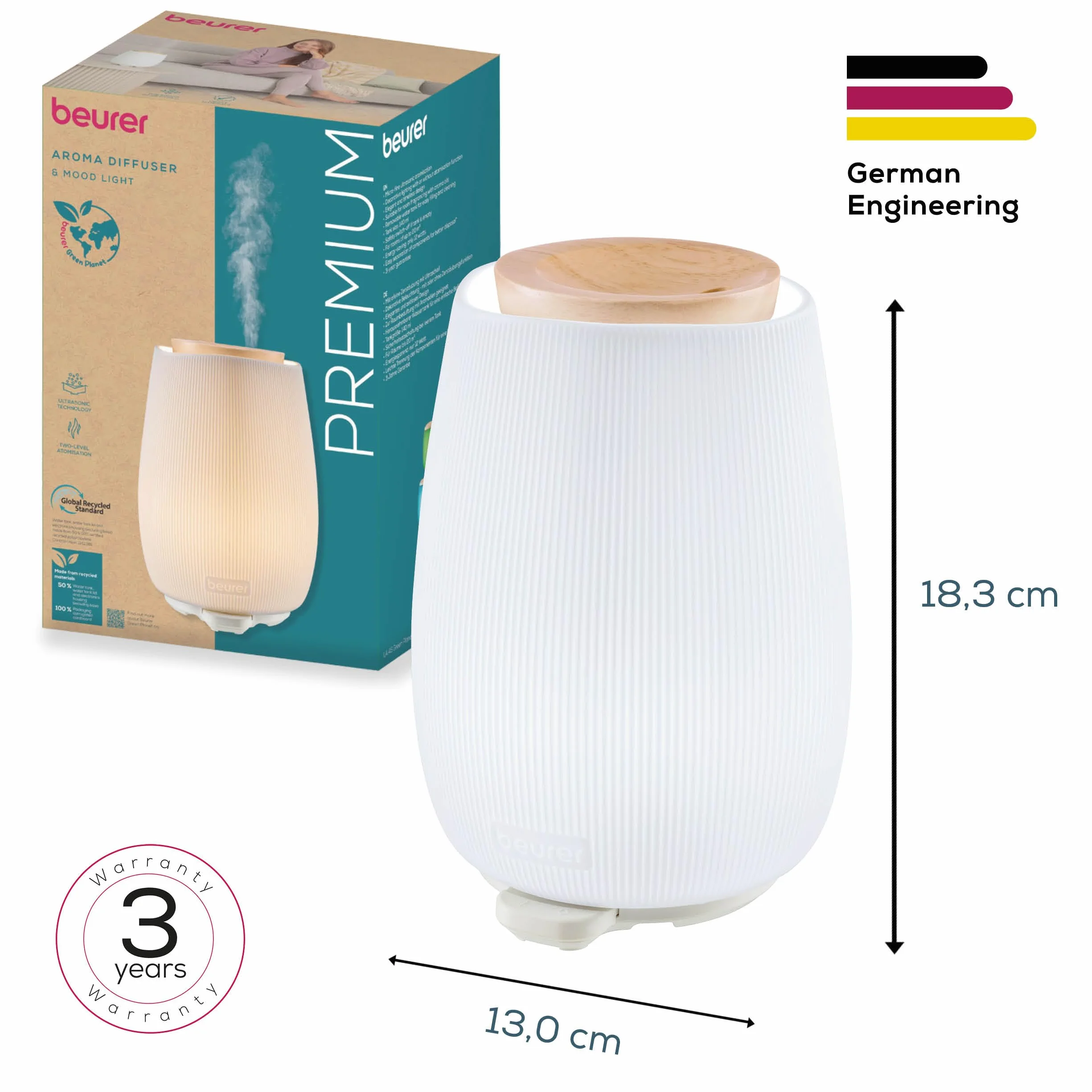 Beurer LA 45 Dyfuzor zapachowy ultradźwiękowy do aromaterapii, 2-stopniowy, światło nastrojowe 9 kolorów, ceramiczny i drewniany