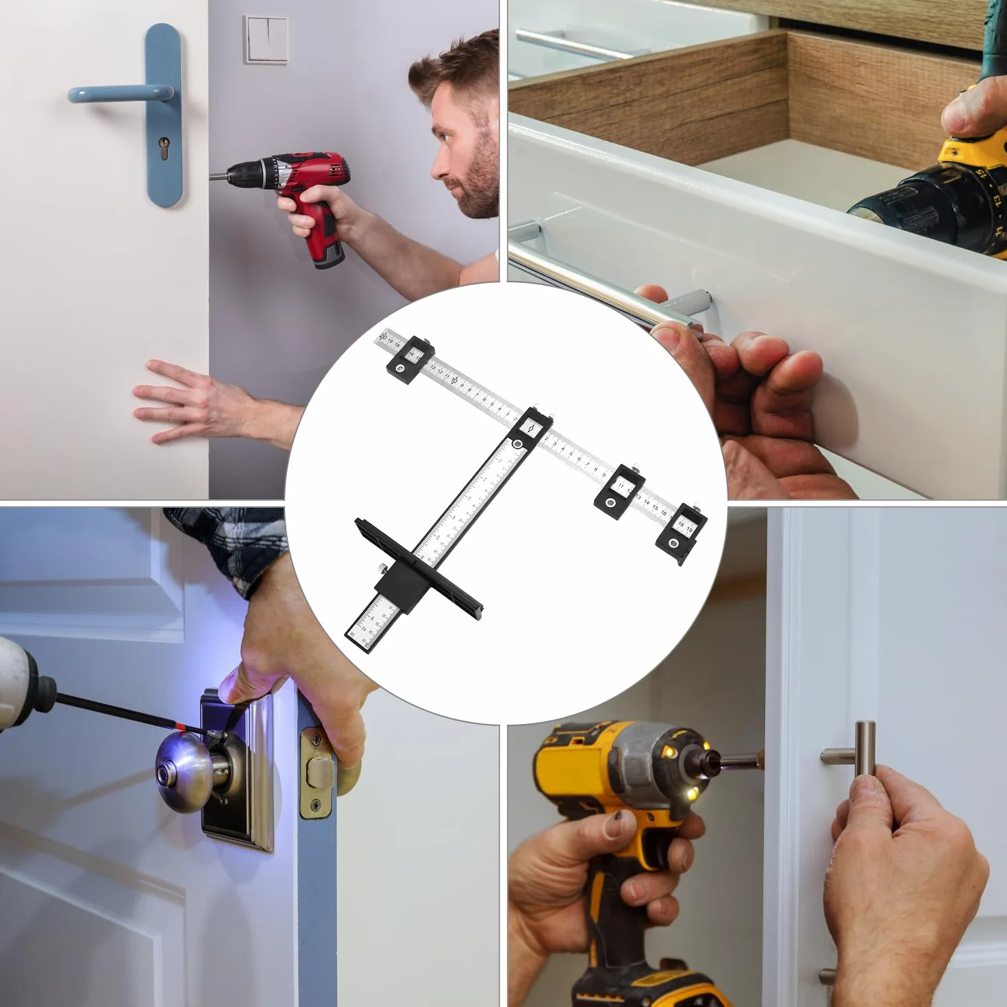 QWORK® linijka pozycjonująca do wiercenia z metrycznymi i imperialnymi skalami, regulowany szablon do wiercenia Szafa do mocowania uchwytów na meblach