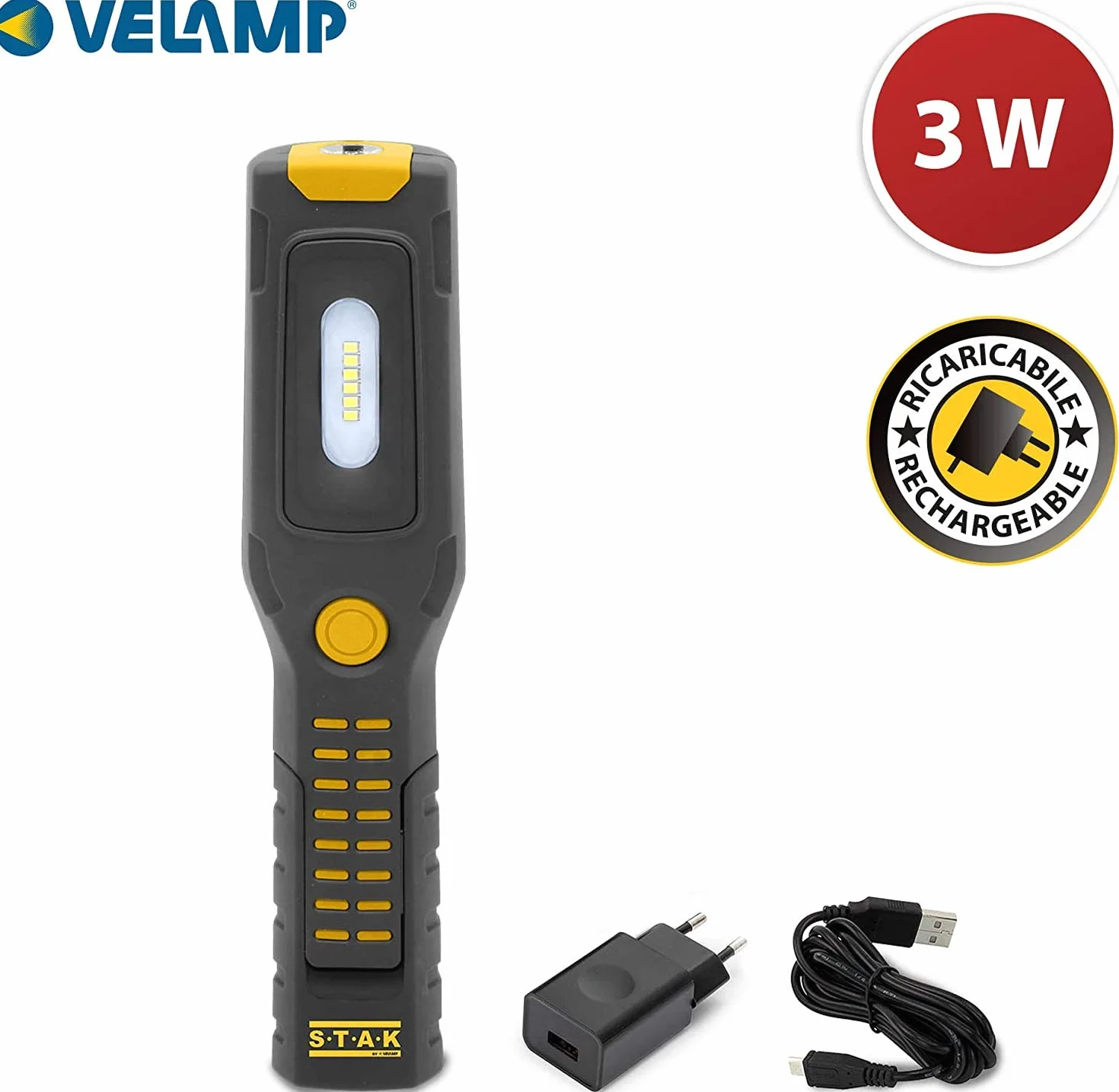 Stak Lampa robocza z latarką LED COB 3 + 1 W, do ponownego ładowania, akumulator litowy 2200 mAh, haczyk i magnesy, ruchoma, czarna