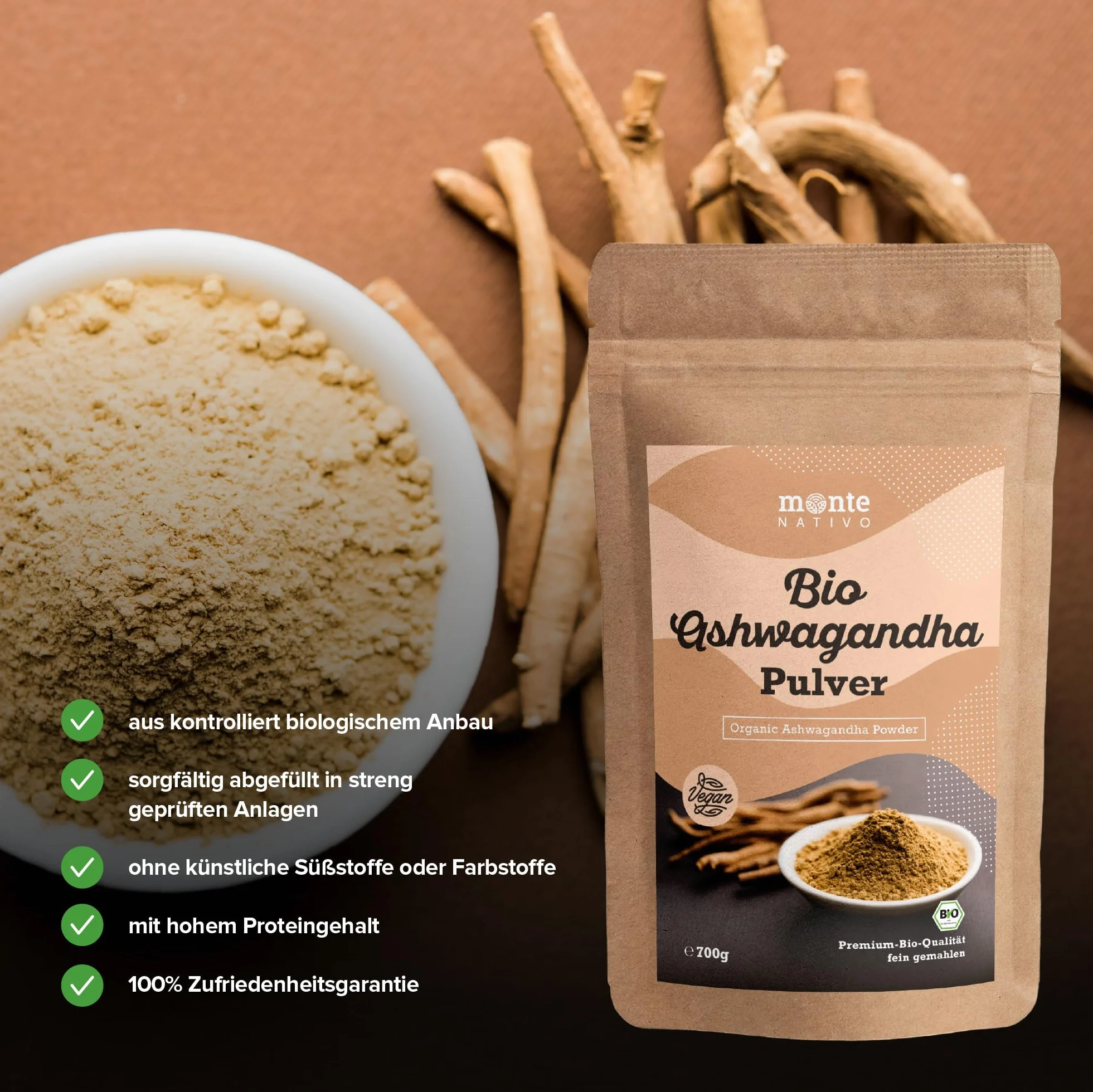 Organiczny Proszek z Witani Ospałej firmy Monte Nativo - 700g Najwyższa jakość - Proszek ze zmielonego korzenia - Żeń-szeń indyjski - Zimowa wiśnia - Withania Somnifera - Certyfikat Ekologiczny - z Indii - Testowany Laboratoryjnie