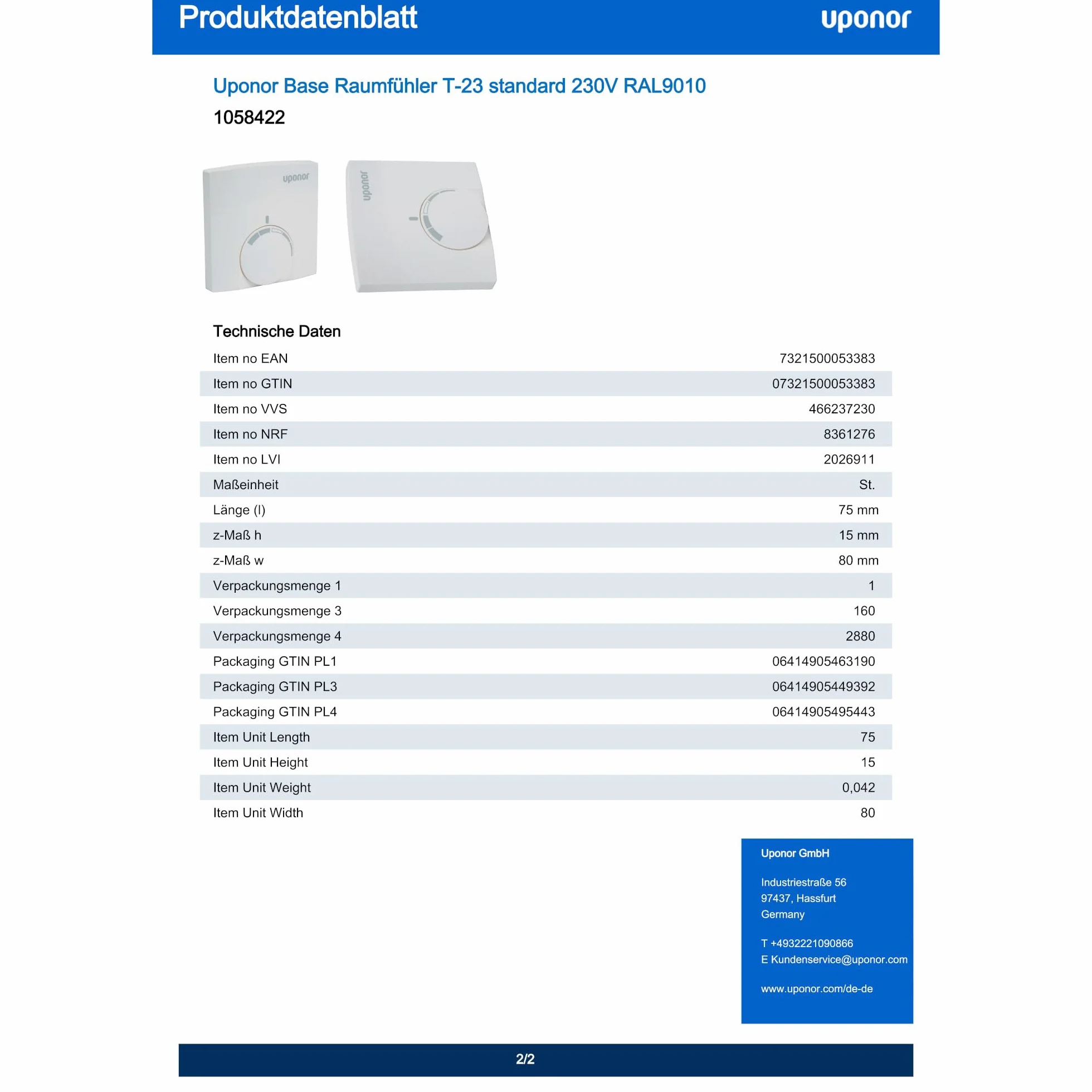 Uponor T-23 termostat pokojowy 230 V z przewodnikiem przewodowym