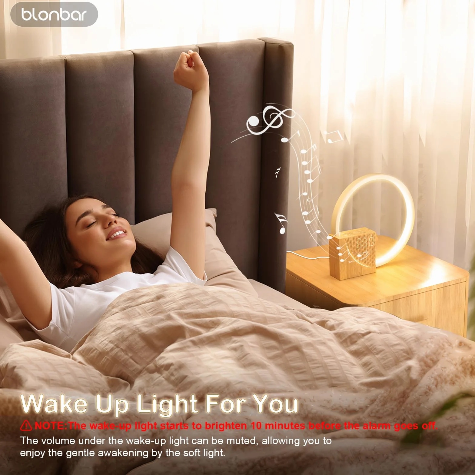 Blonbar Lampka Nocna z Budzikiem Świetlnym Wake Up, Lampa Stołowa z Ładowaniem USB 10W, Sterowanie Dotykowe, Ściemniana