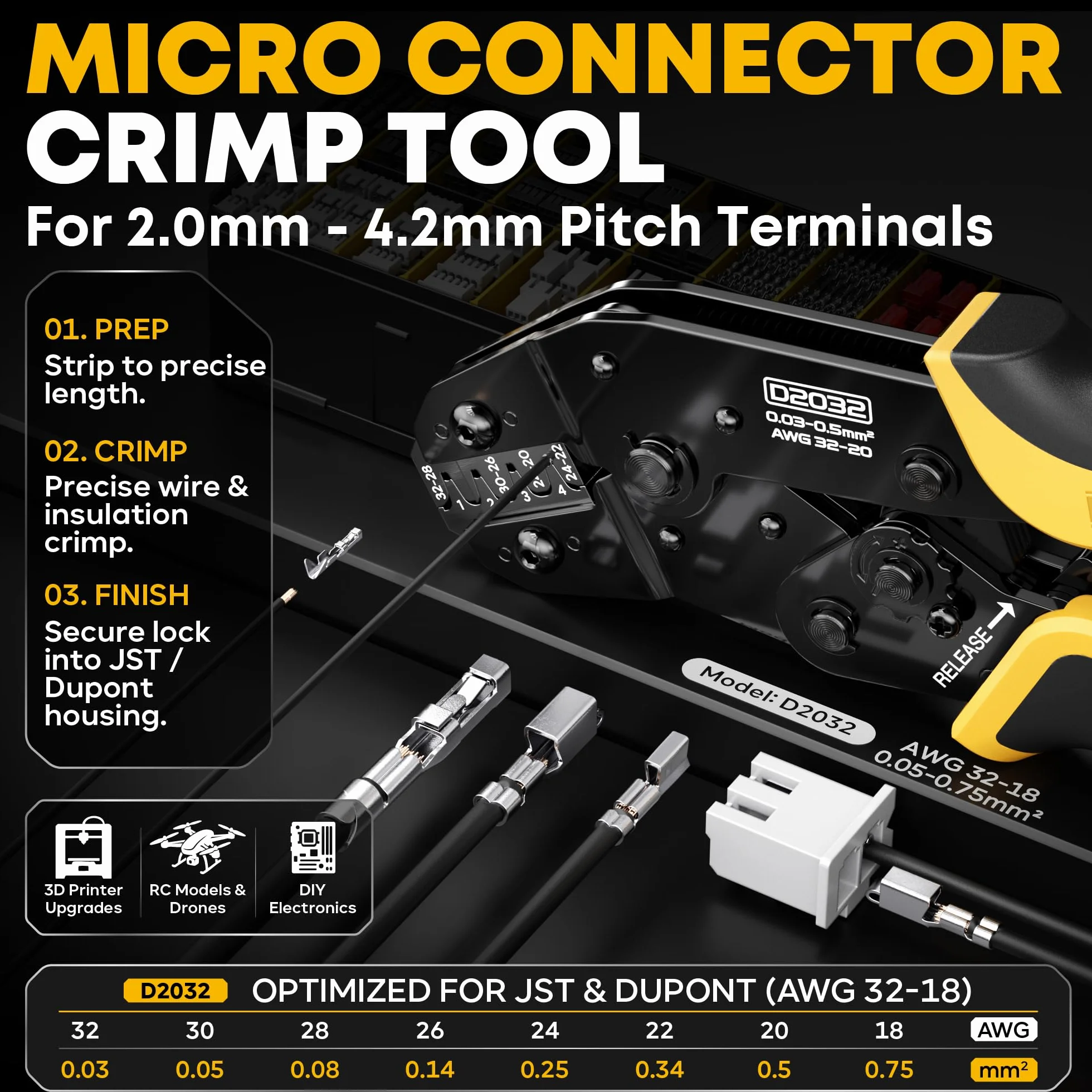 DxCRIMP Zestaw szczypce zagniatające do wtyków JST z 23 Rodzaje Zestaw wtyków Zestaw Narzędzi do Zaciskania,Terminal Crimper, 0,03-0,5mm² szczypce zaciskowe do Dupont, JST, KF2510, Molex, AMP
