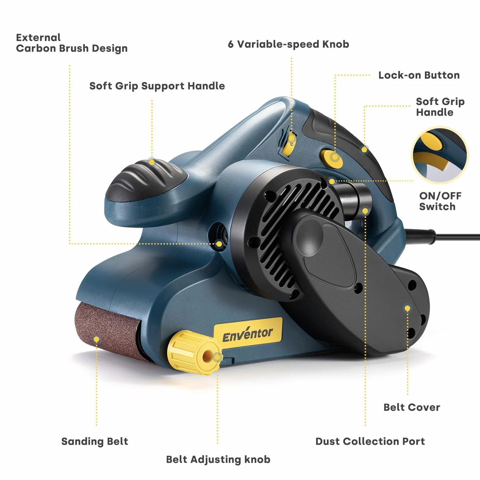 Enventor 950W with Belt Sander, 6 Speed Grades (120-380 Meters per Minute), 2-in-1 Grinding Machine with Dust Bag ＆ 12 Belt Sanders (P24, P80, P120, P180), 76 x 533 mm
